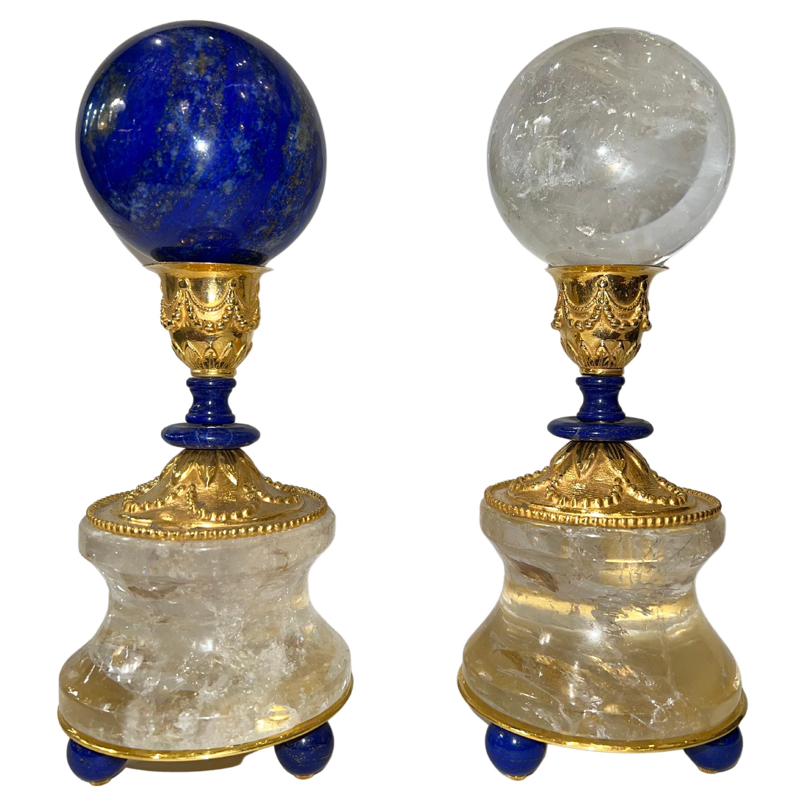 Pair of Support Rock Crystal and Lapis Lazuli Spheres by Alexandre Vossion For Sale