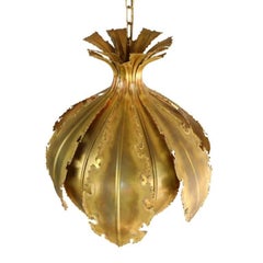 Pair of Svend Aage for Holm Sorensen Brutalist Acid Treated Brass Pendant Lamps