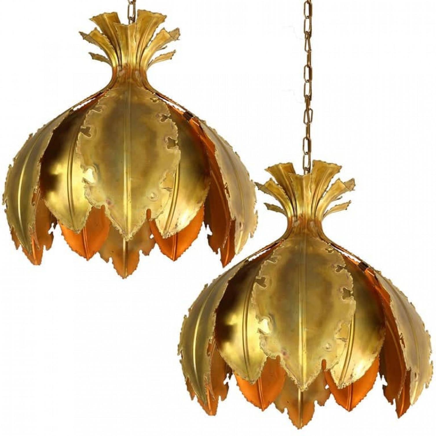 Pair of Svend Aage for Holm Sorensen Brutalist Acid Treated Brass Pendant Lamps For Sale 2