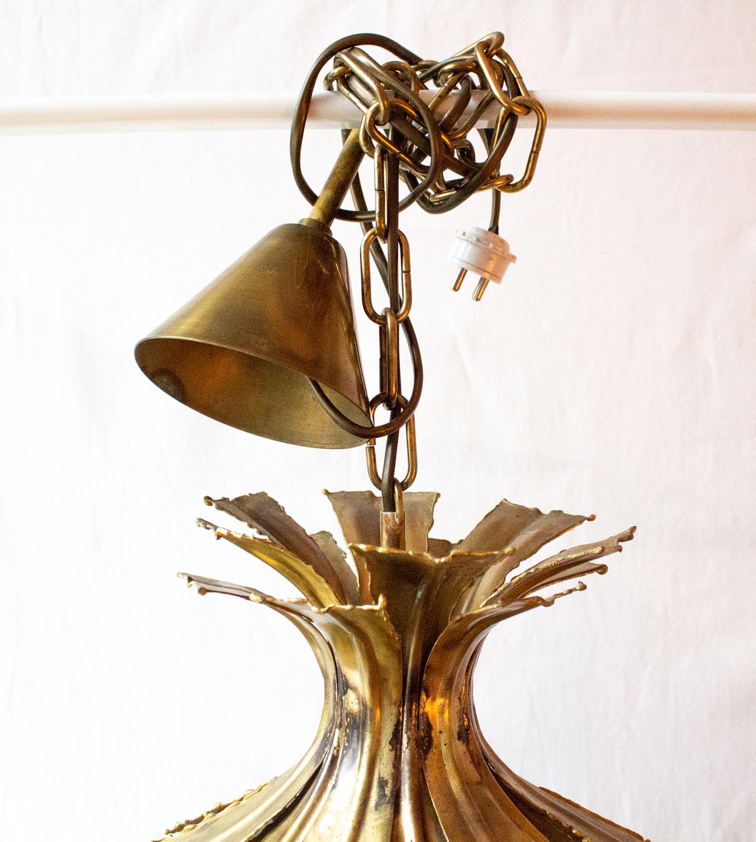 Pair of Svend Aage for Holm Sorensen Brutalist Acid Treated Brass Pendant Lamps 1