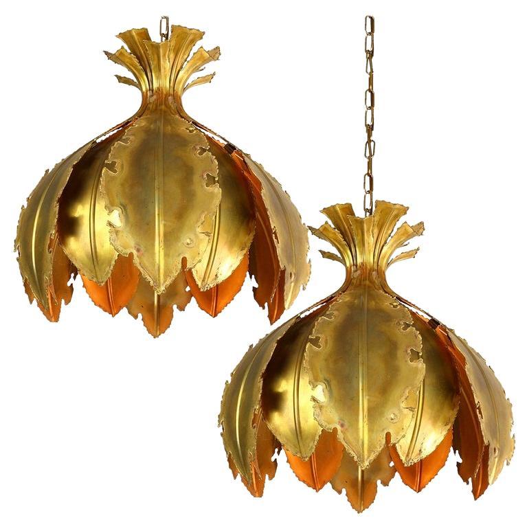 Pair of Svend Aage for Holm Sorensen Brutalist Acid Treated Brass Pendant Lamps For Sale