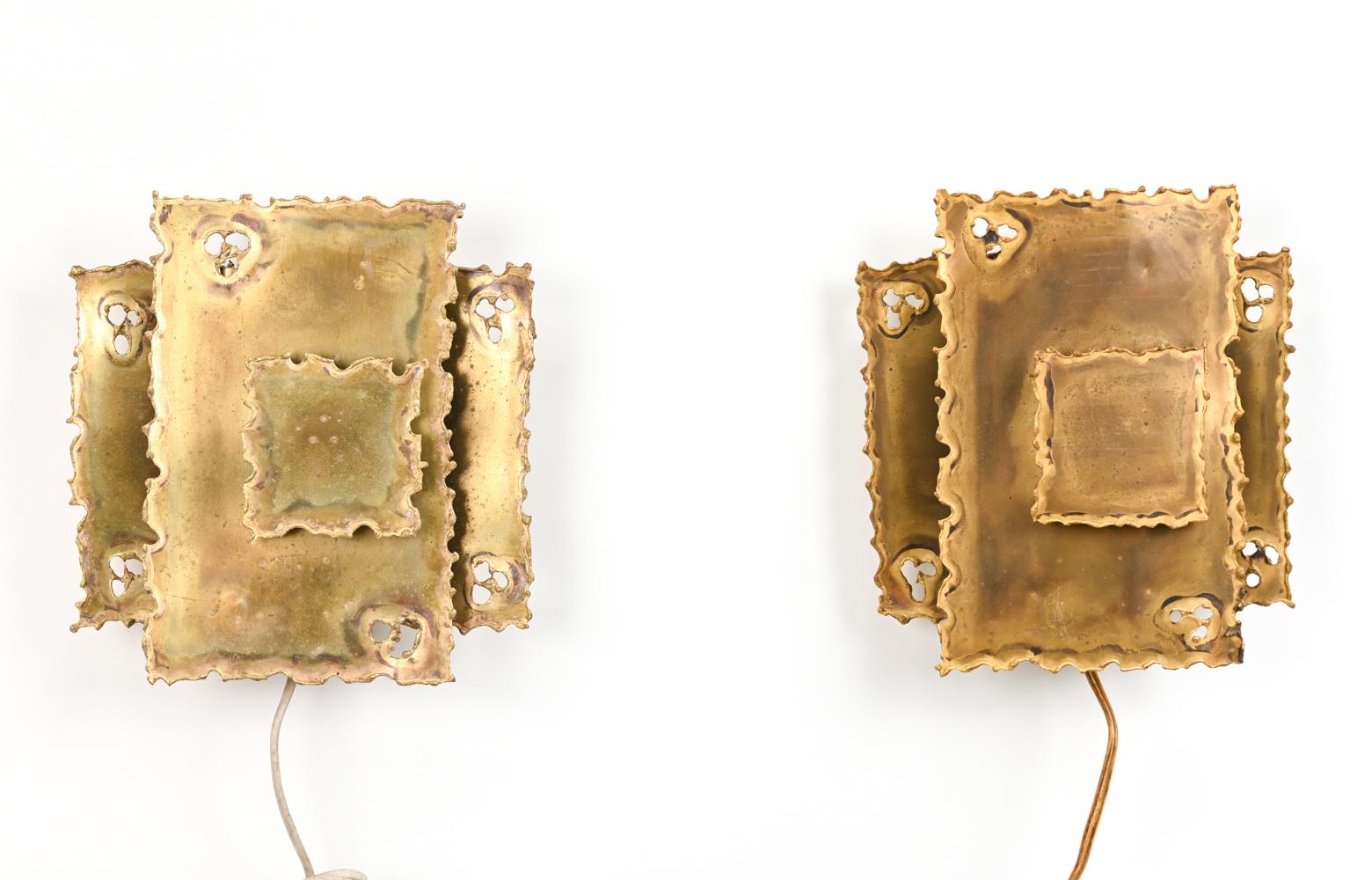 Mid-Century Modern Pair of Svend Aage Holm Sorensen Torch Cut Brass Brutalist Sconces