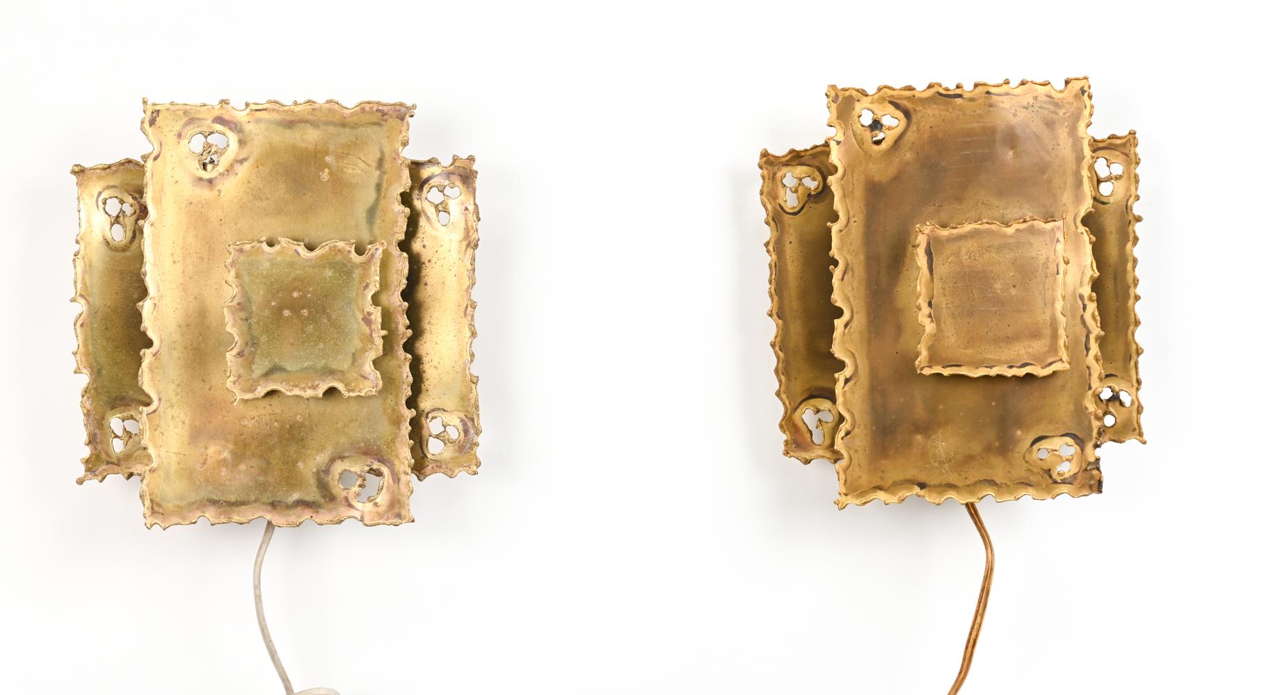 Danish Pair of Svend Aage Holm Sorensen Torch Cut Brass Brutalist Sconces