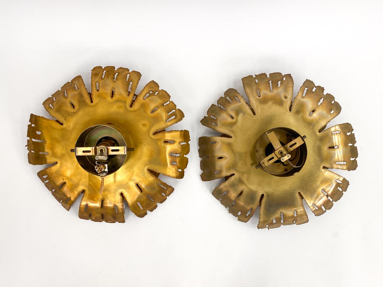 Pair of Svend Aage Holm Sørensen Torch-Cut Brass Flower Sconces 3