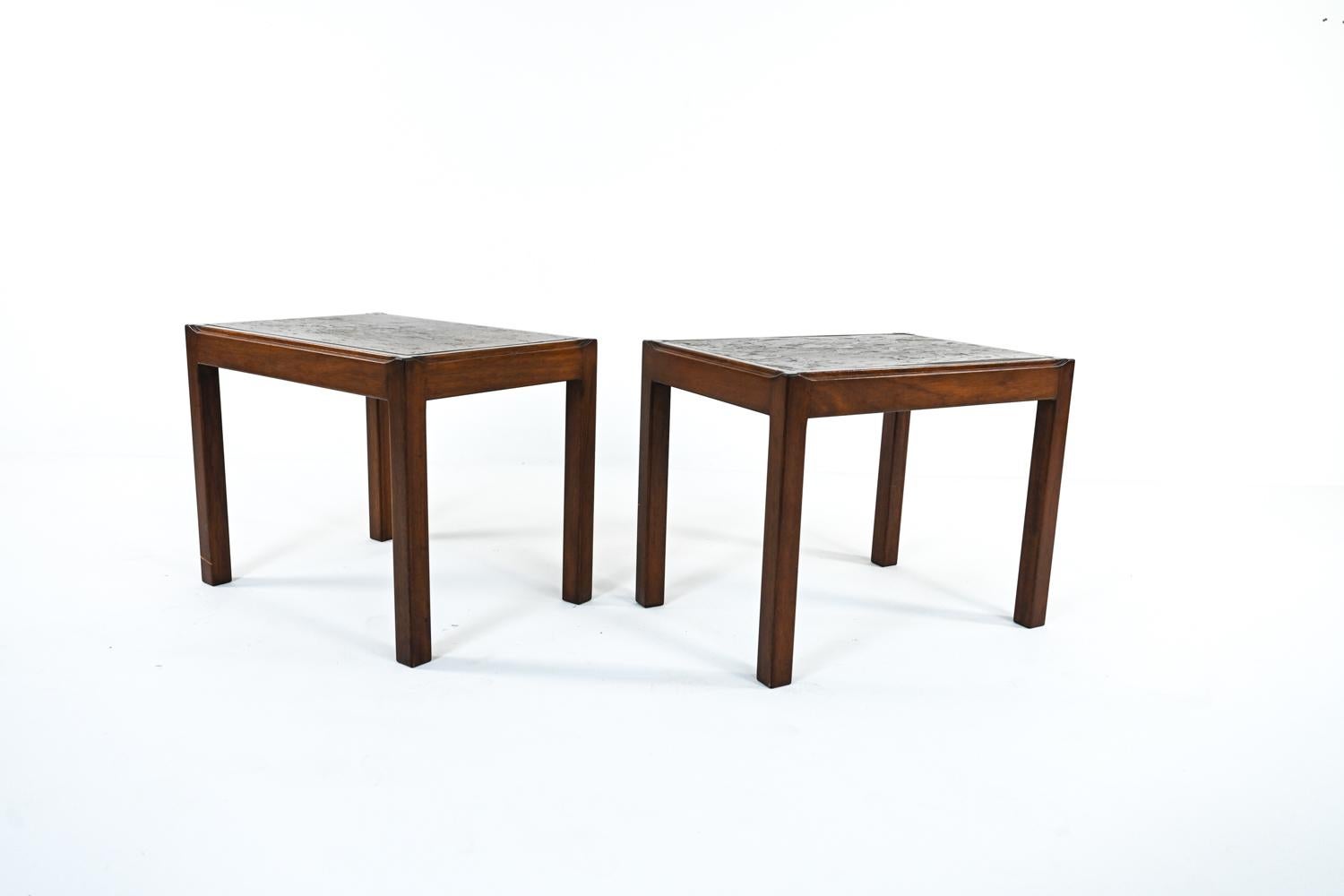 Scandinavian Modern Pair of Svend Langkilde Mahogany & Slate End Tables, c. 1970's