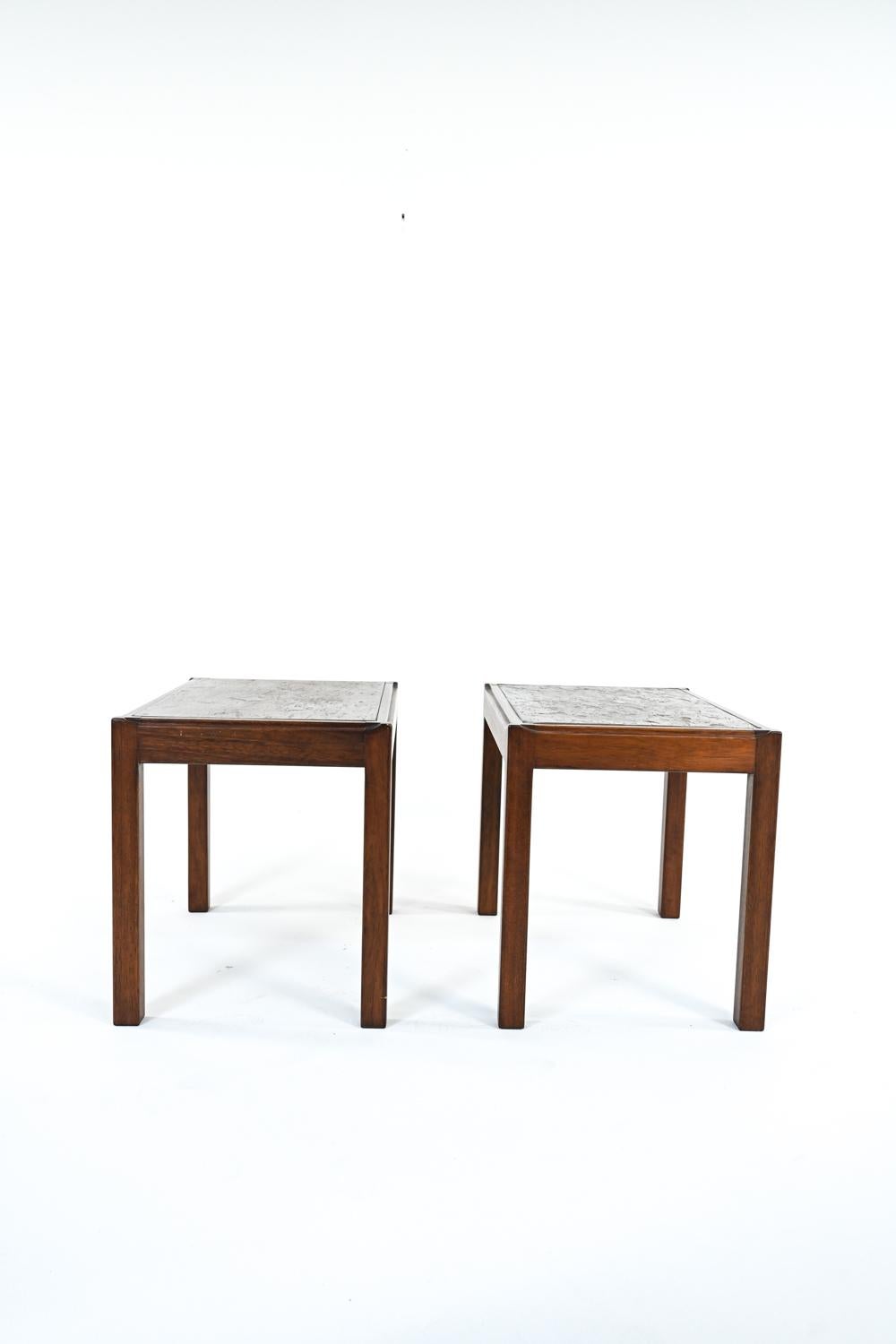 Pair of Svend Langkilde Mahogany & Slate End Tables, c. 1970's In Good Condition In Norwalk, CT