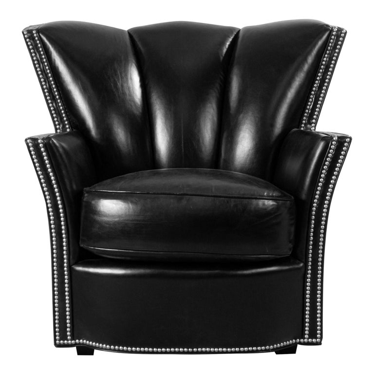 Pair of Swaim Contemporary Black Leather Club Chairs For Sale