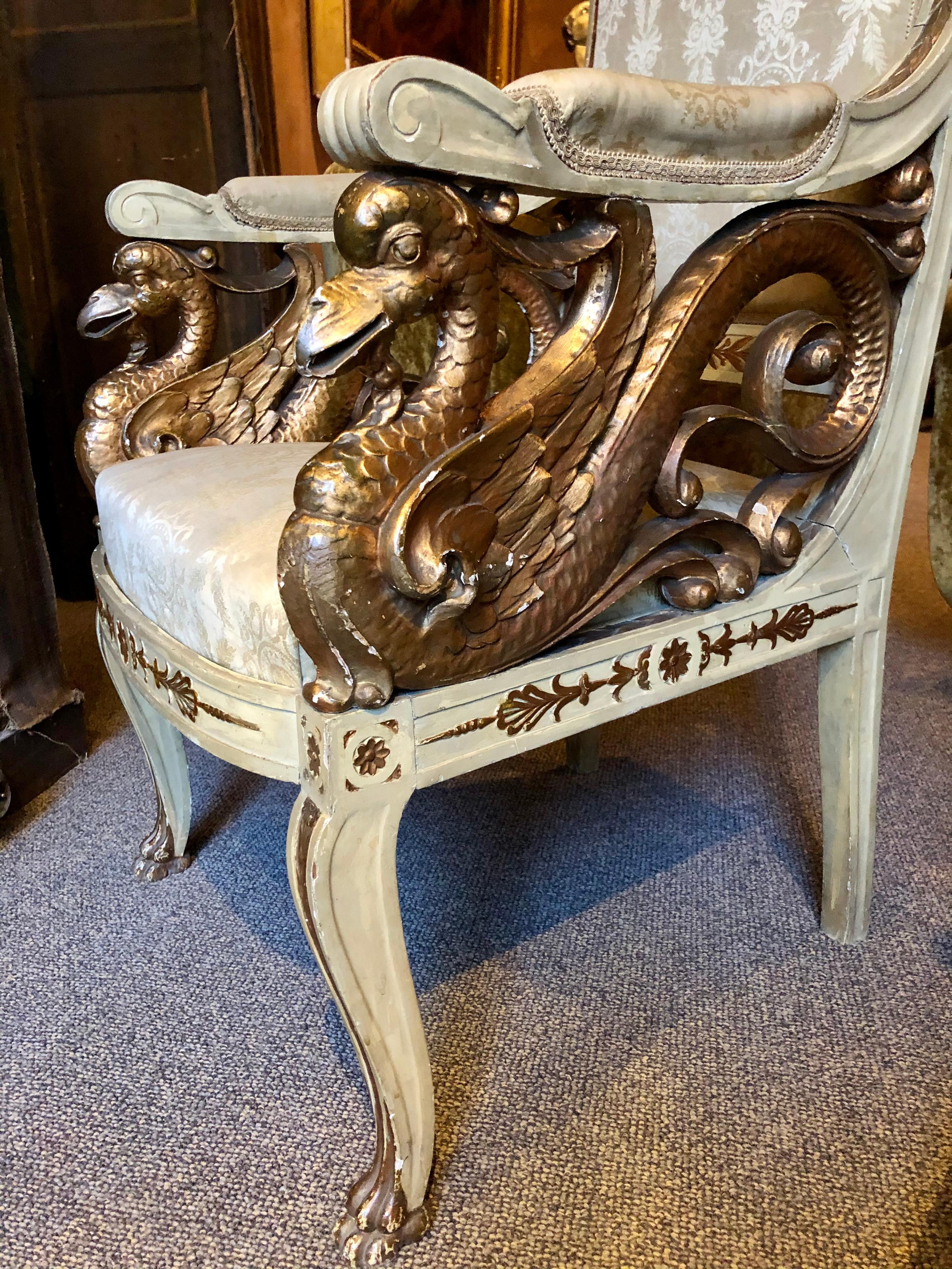 Silk Pair of Swan 19th Century Armchairs For Sale