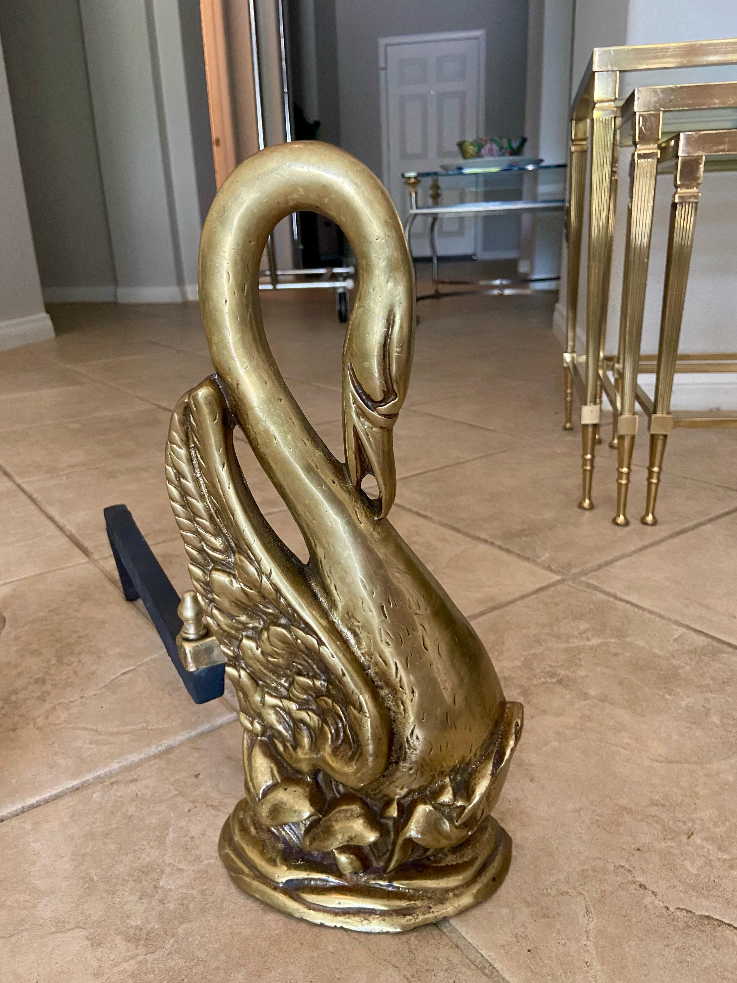 Pair of Swan Brass Fireplace Andirons 5