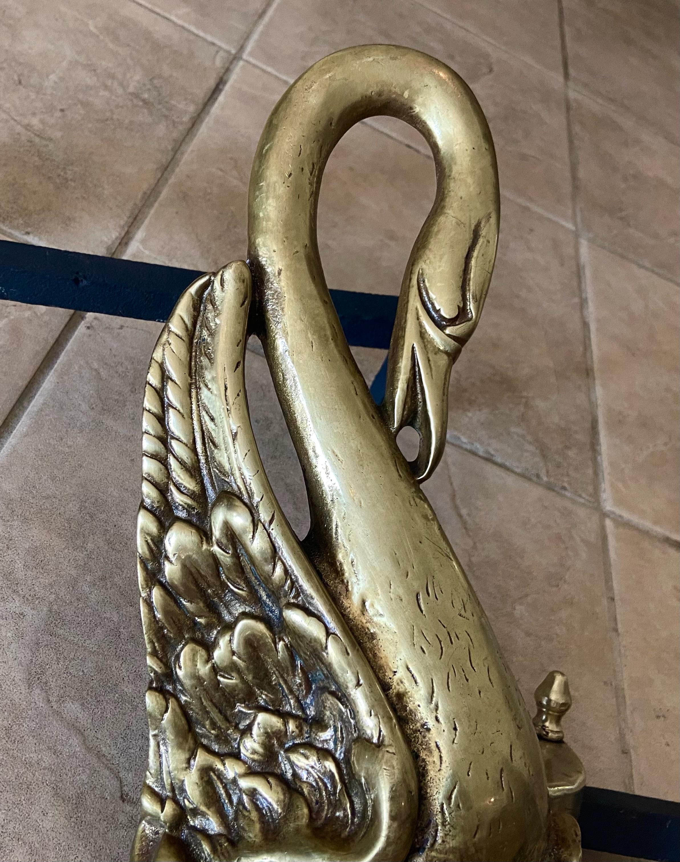 Pair of Swan Brass Fireplace Andirons 12