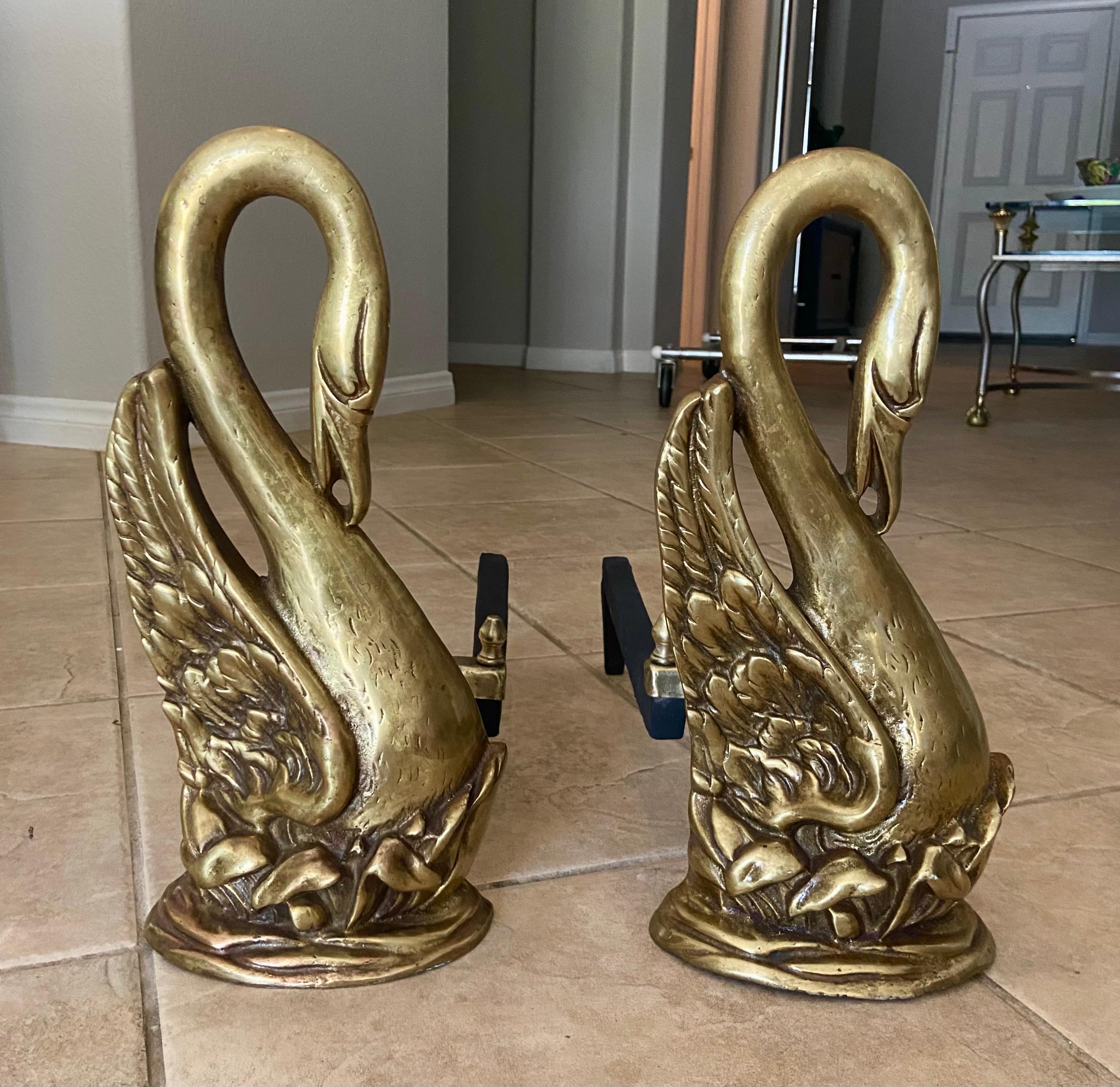 Pair of Swan Brass Fireplace Andirons 13