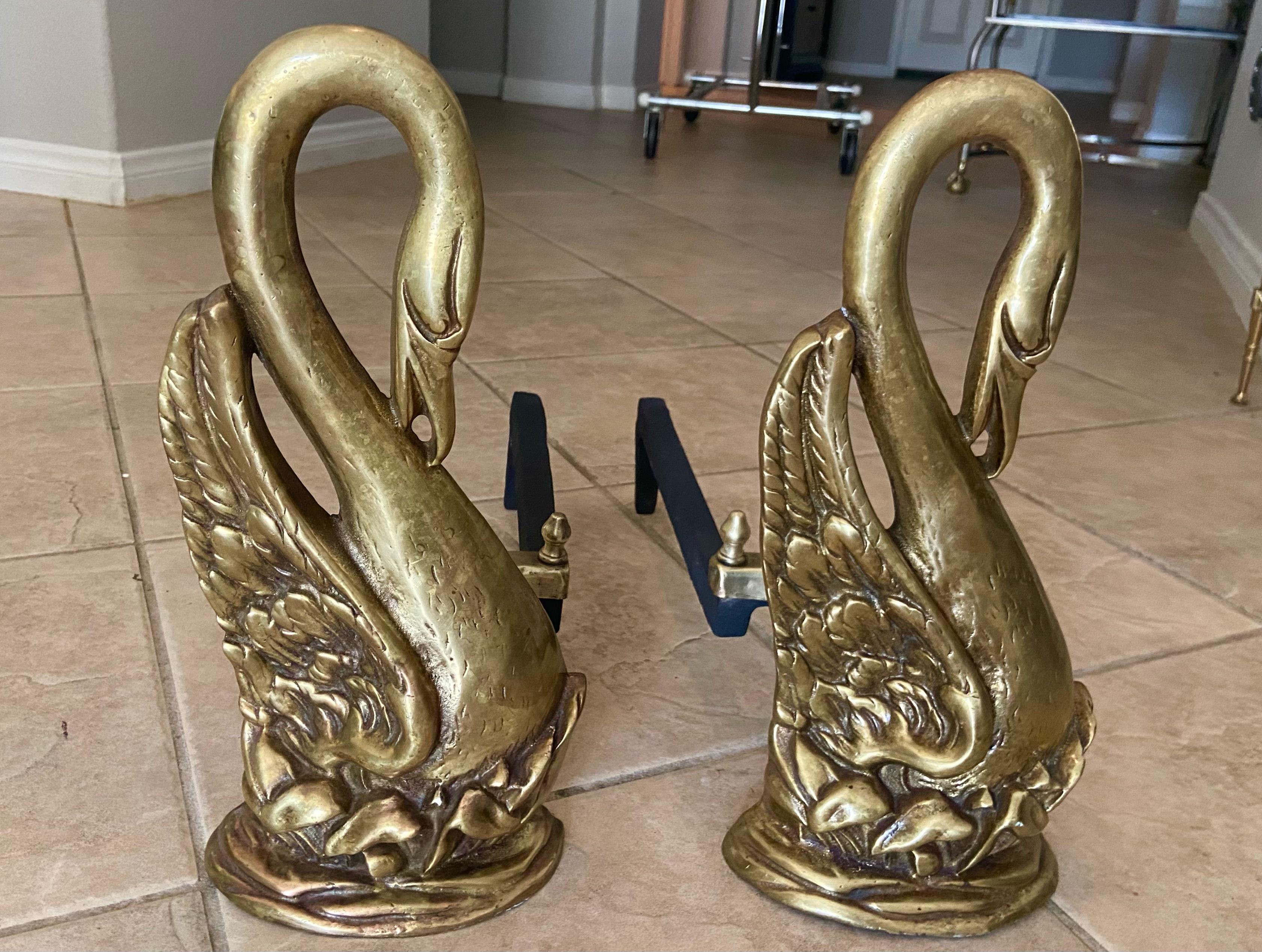American Pair of Swan Brass Fireplace Andirons