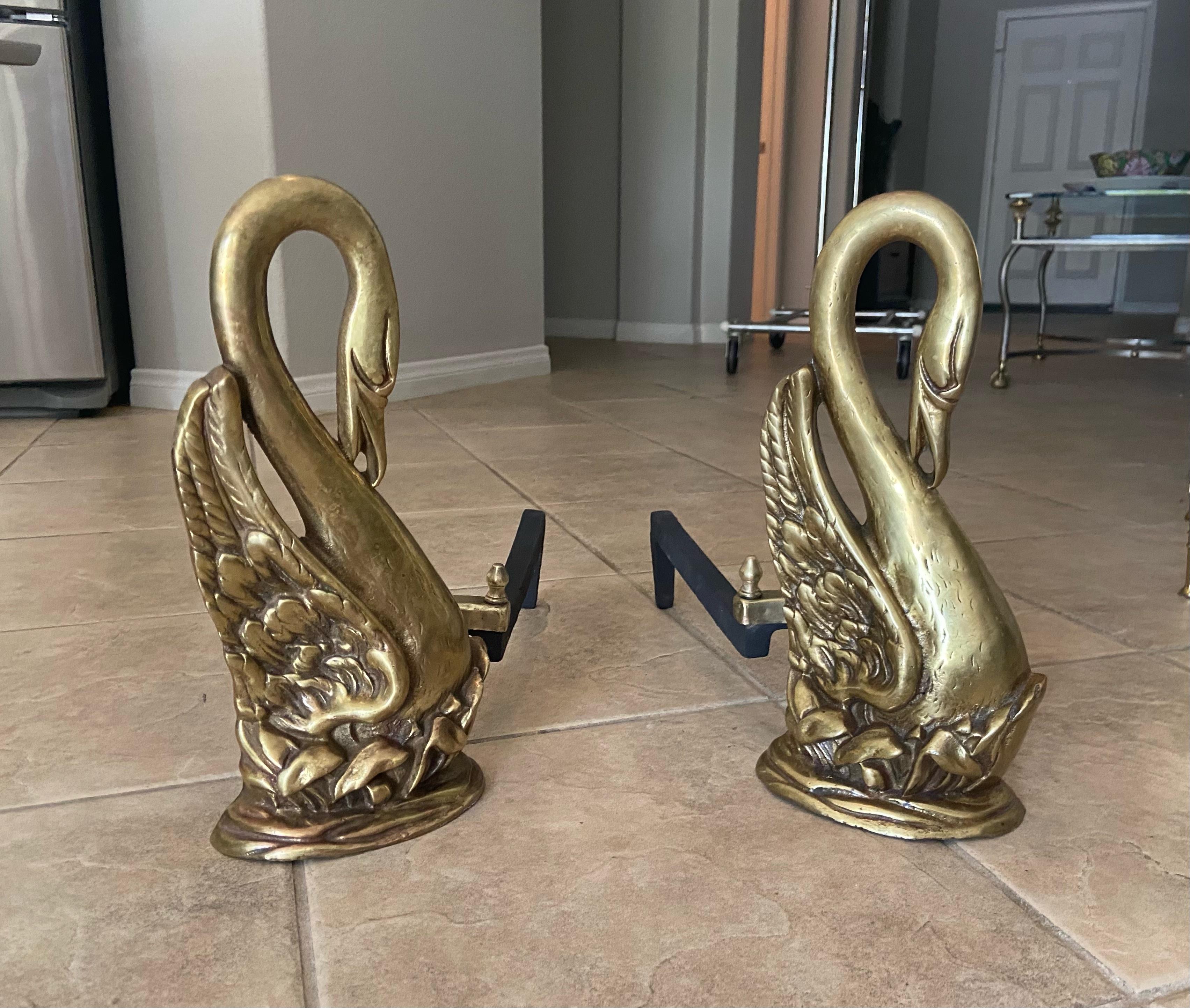 Pair of Swan Brass Fireplace Andirons In Good Condition In Palm Springs, CA