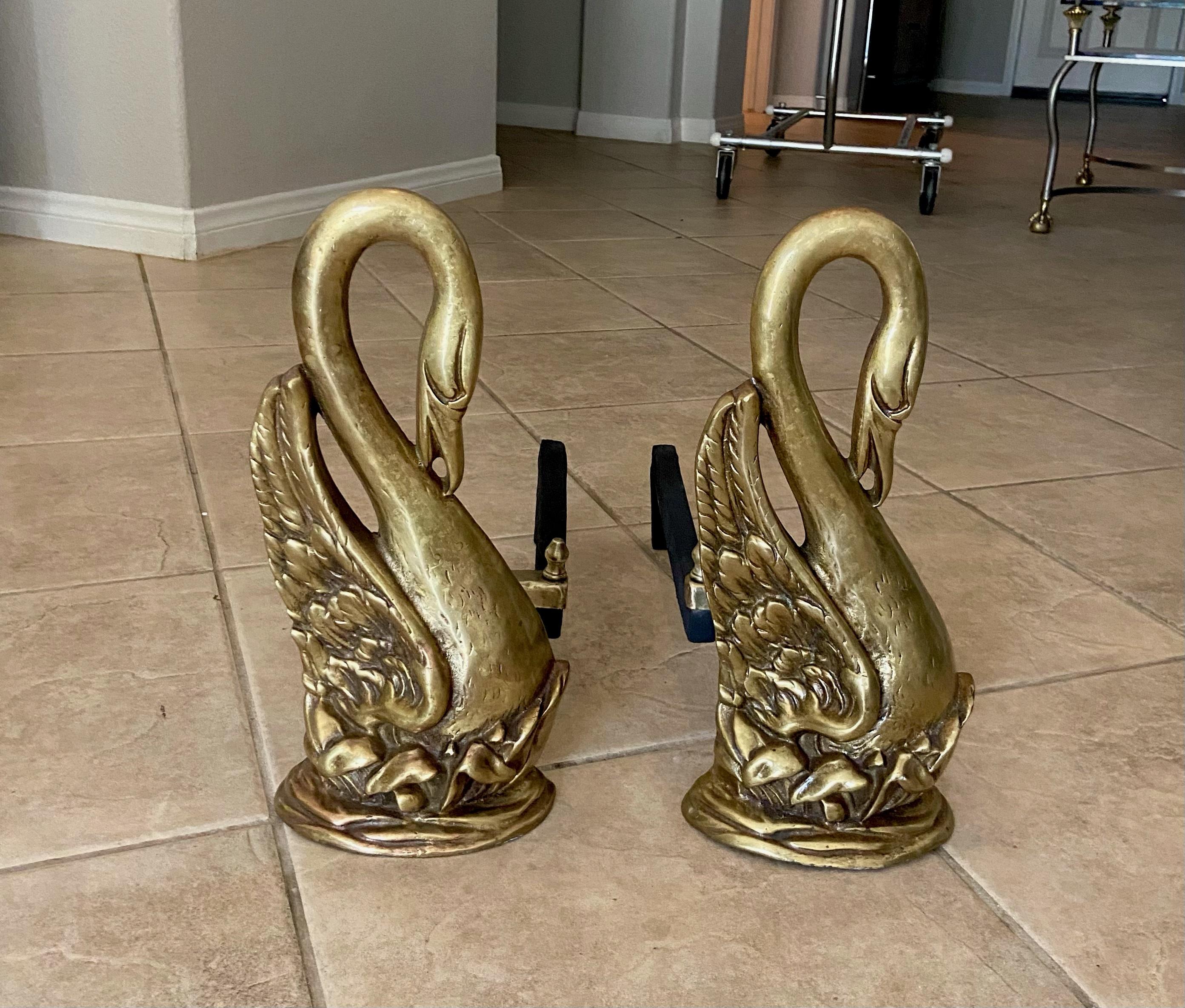 Early 20th Century Pair of Swan Brass Fireplace Andirons