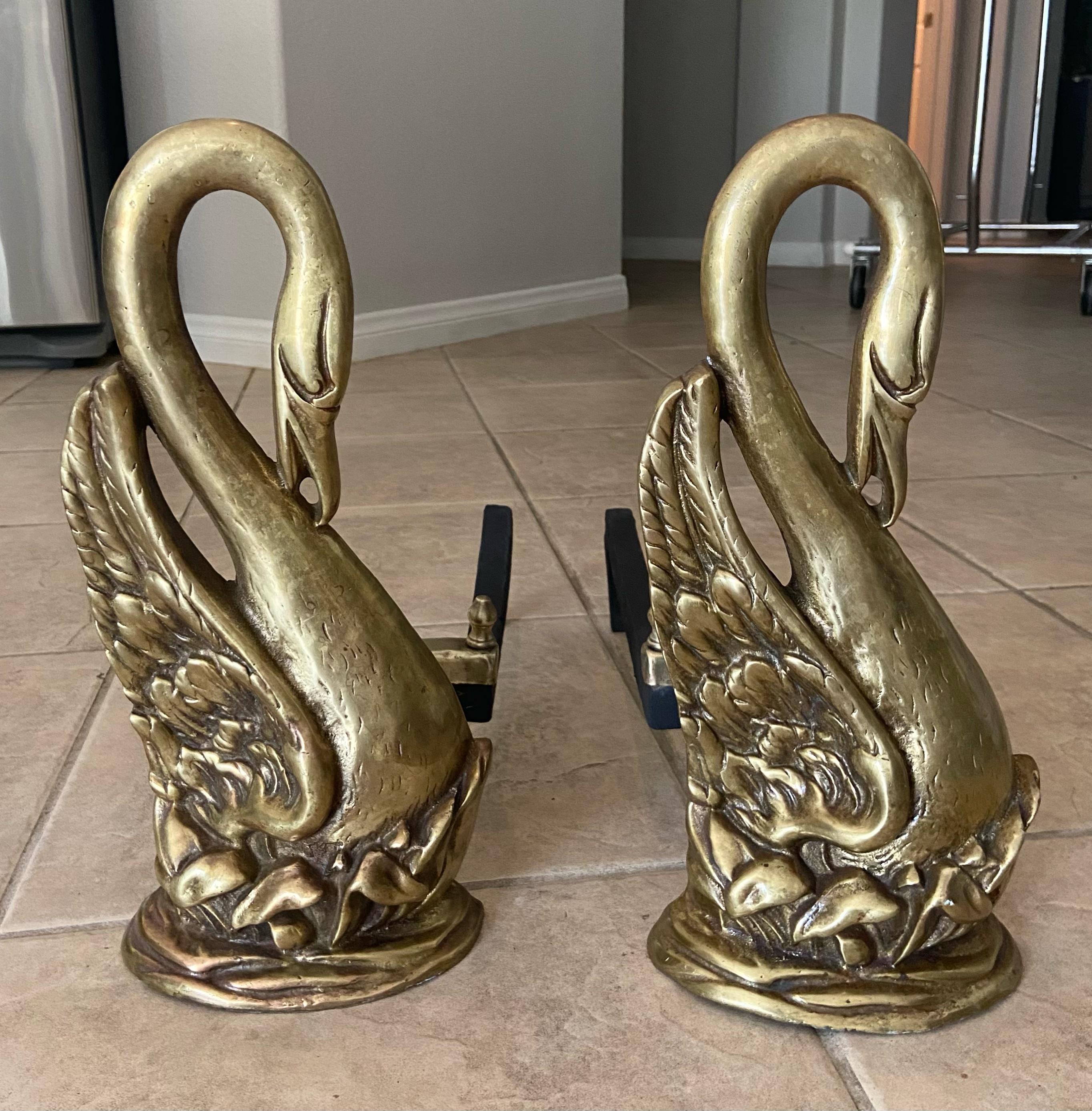 Iron Pair of Swan Brass Fireplace Andirons