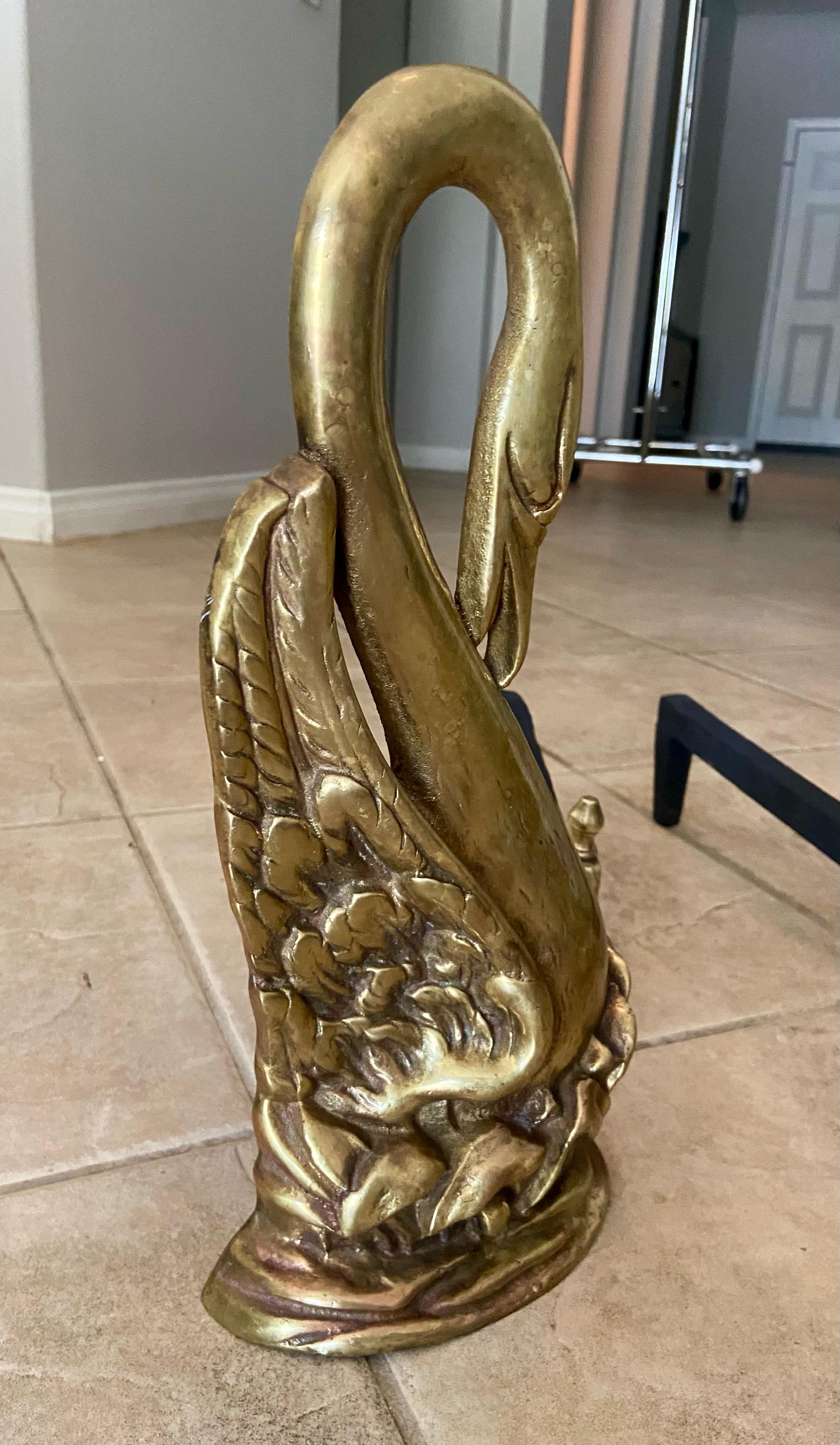Pair of Swan Brass Fireplace Andirons at 1stDibs