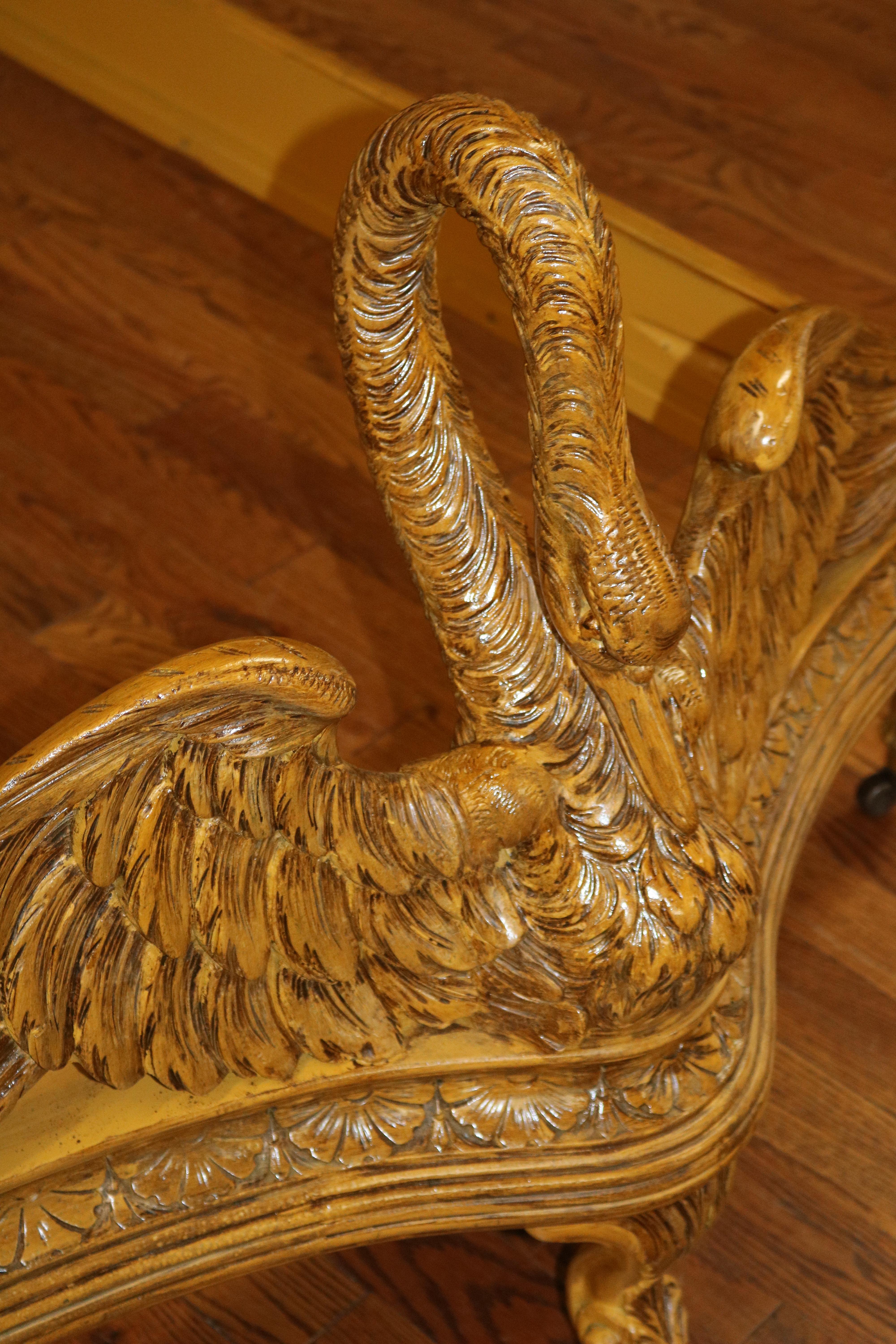 Pair of Swan Carved Paint Decorated & Inlaid Kingwood Twin Beds Circa 1920 For Sale 3