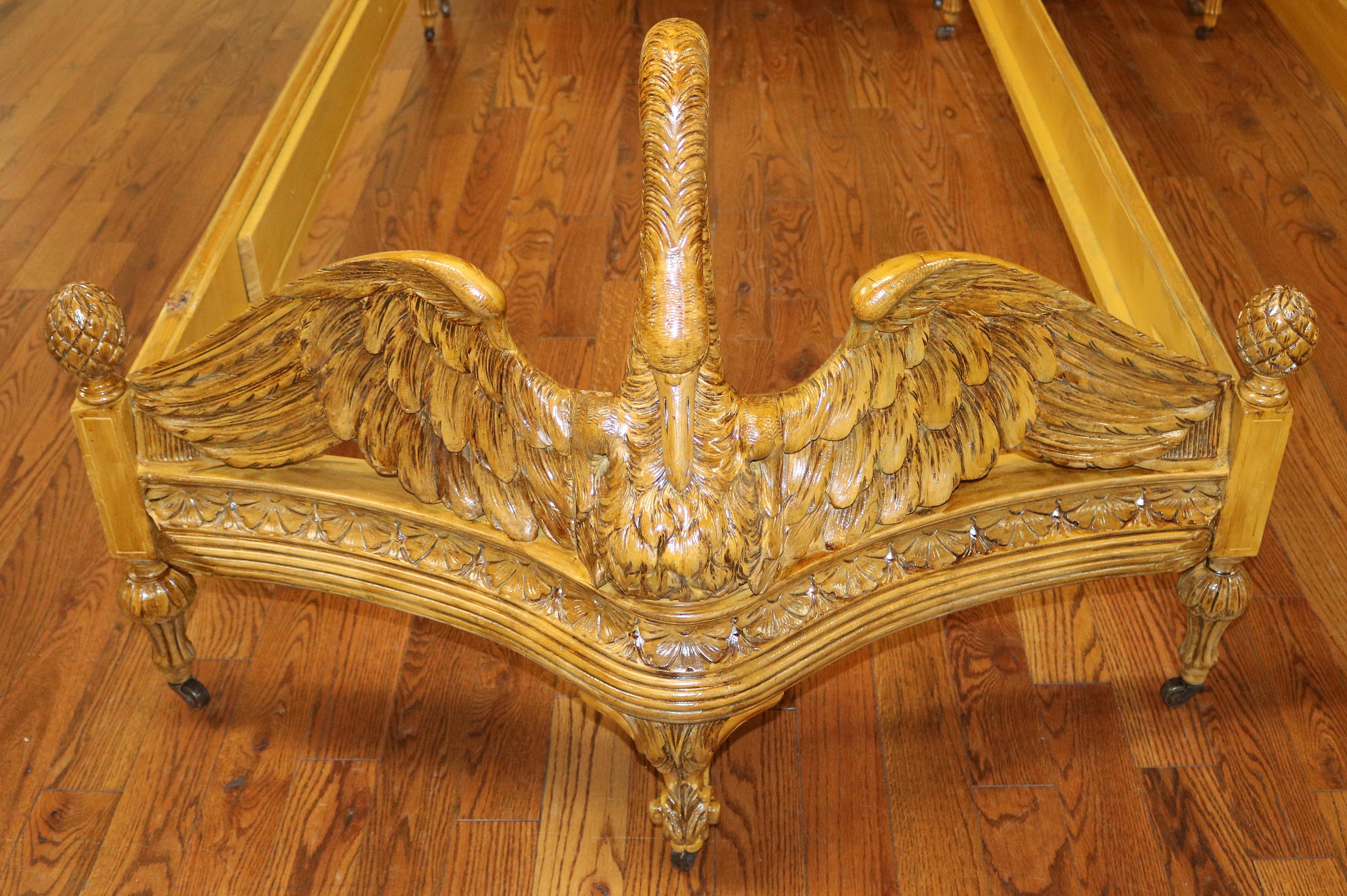 Pair of Swan Carved Paint Decorated & Inlaid Kingwood Twin Beds Circa 1920 For Sale 4