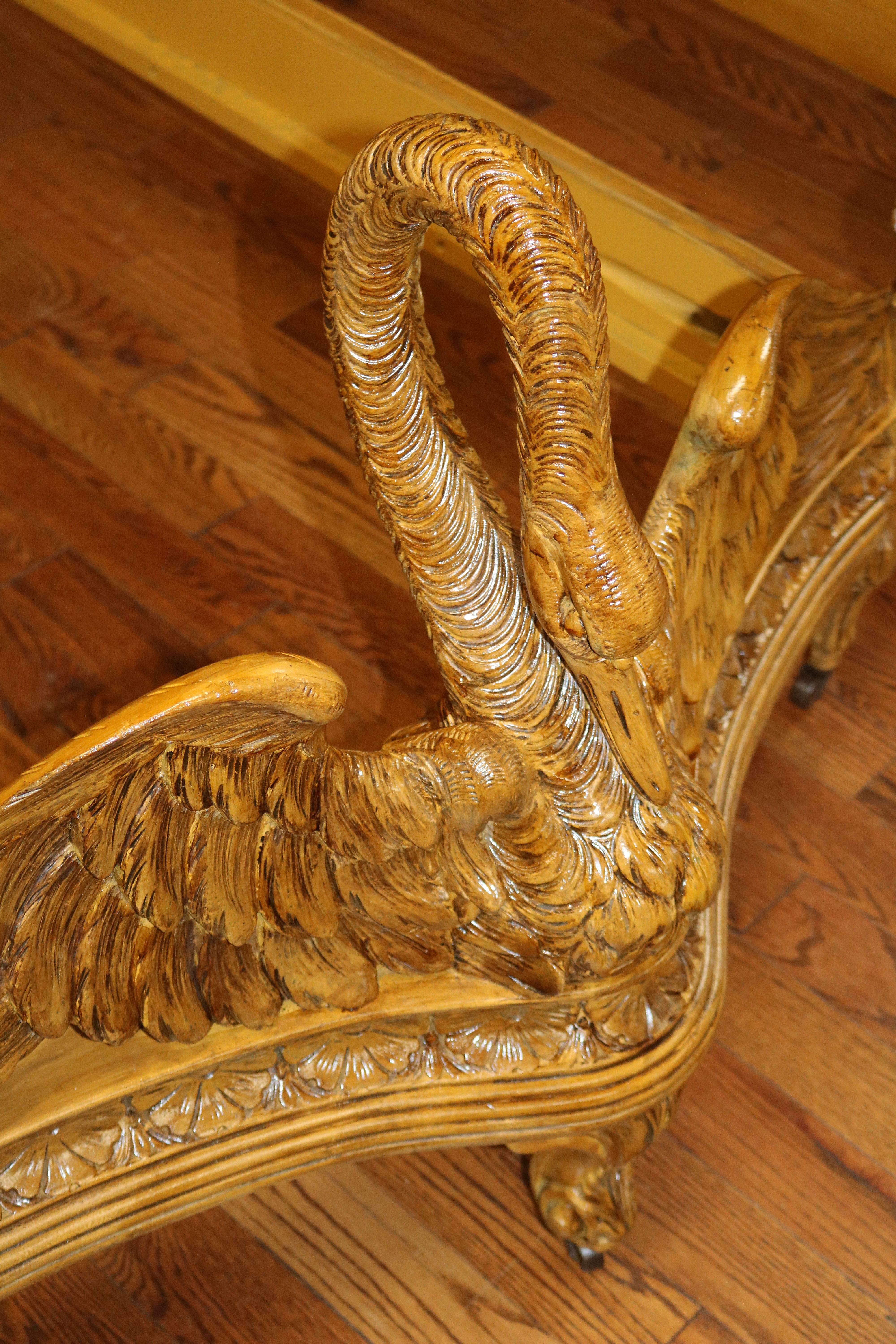 Pair of Swan Carved Paint Decorated & Inlaid Kingwood Twin Beds Circa 1920 For Sale 5