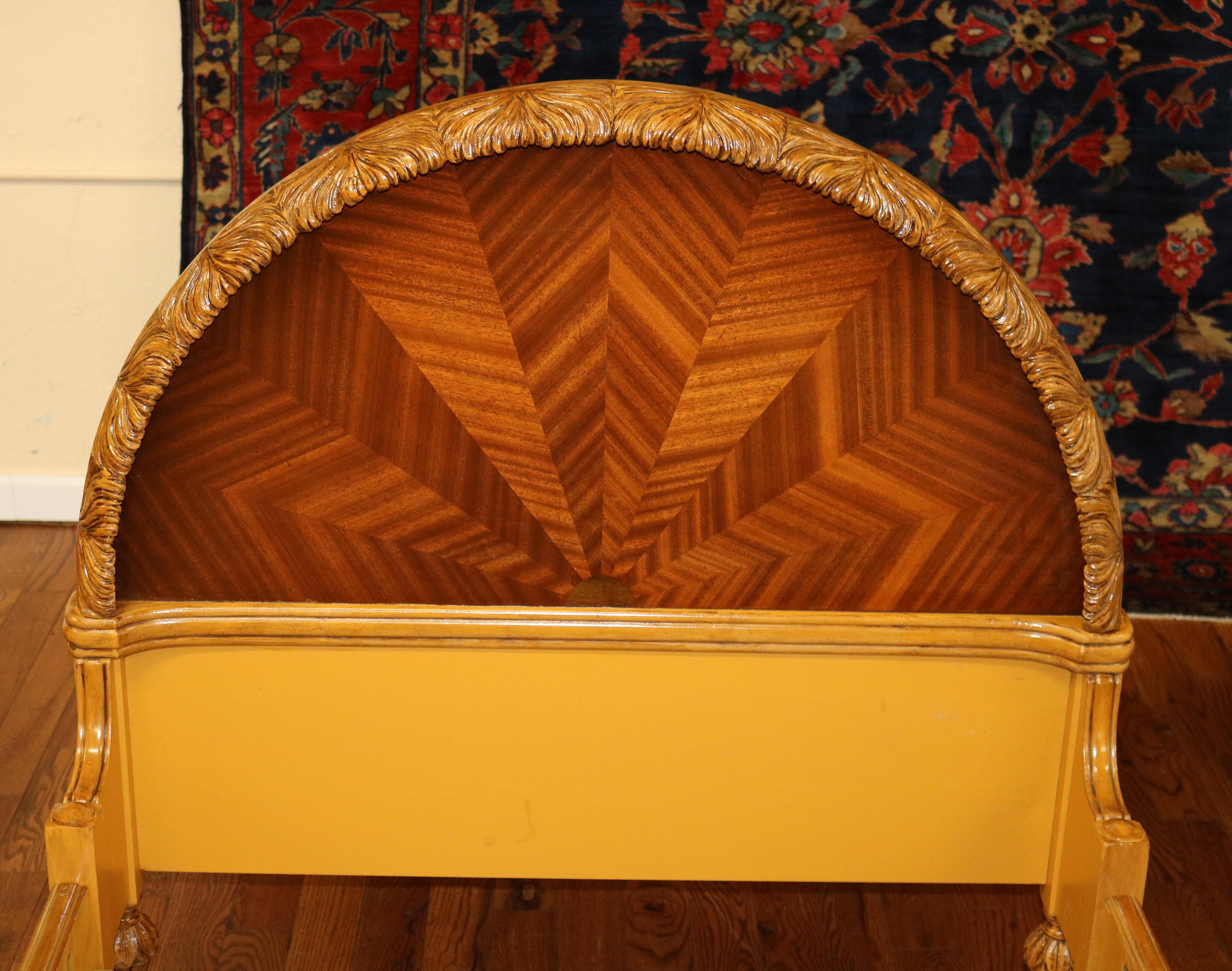 Pair of Swan Carved Paint Decorated & Inlaid Kingwood Twin Beds Circa 1920 For Sale 6