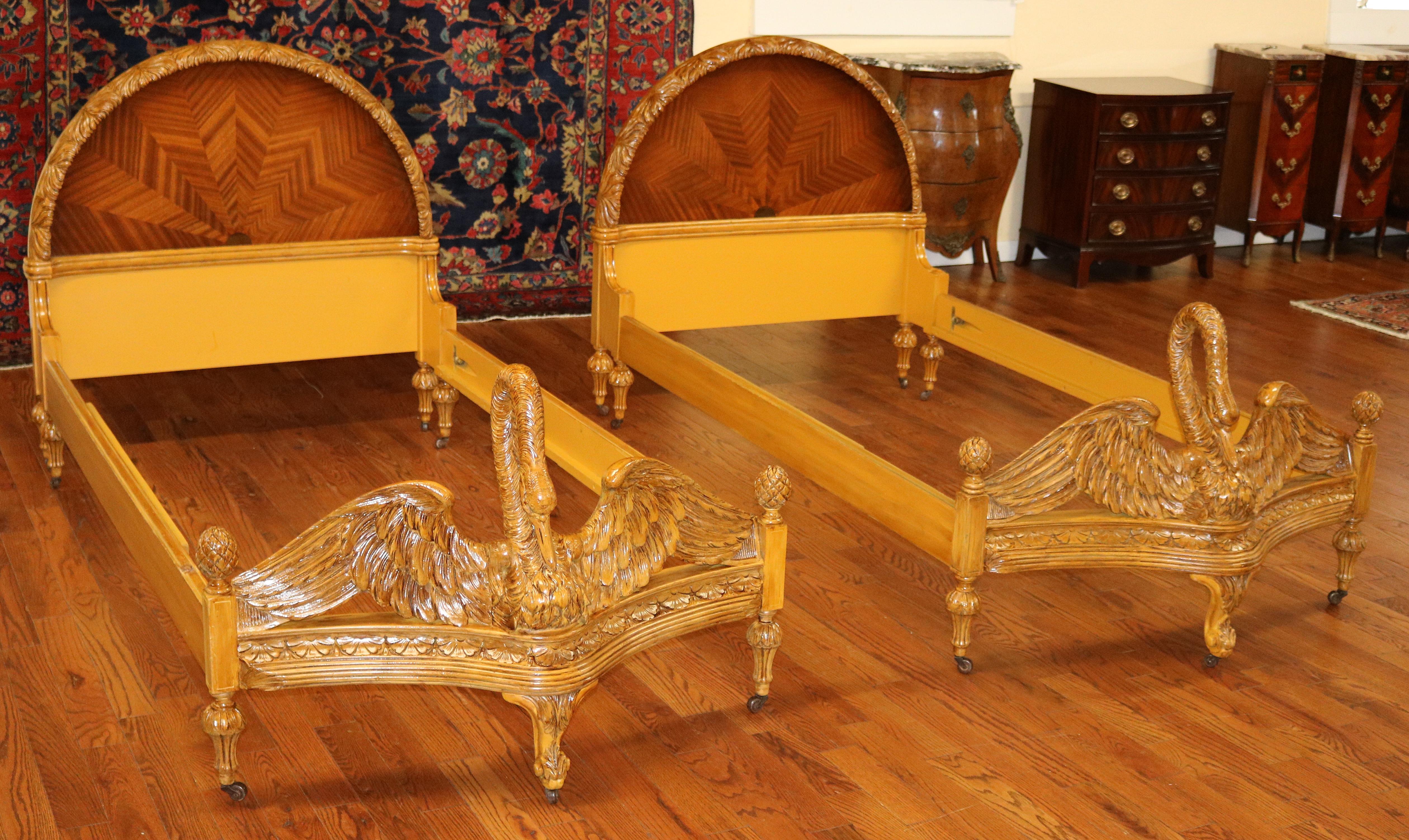 Art Deco Pair of Swan Carved Paint Decorated & Inlaid Kingwood Twin Beds Circa 1920 For Sale