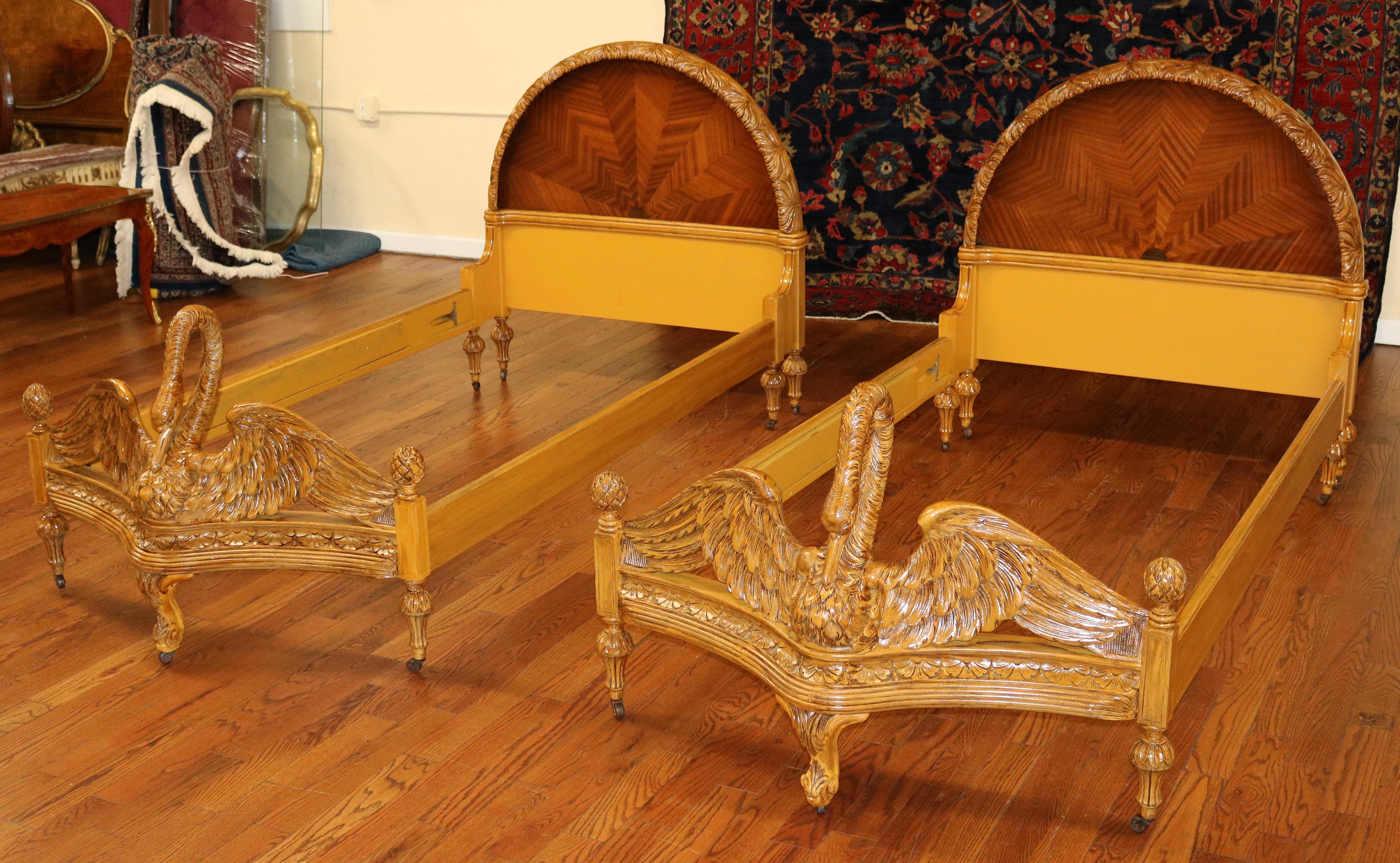American Pair of Swan Carved Paint Decorated & Inlaid Kingwood Twin Beds Circa 1920 For Sale
