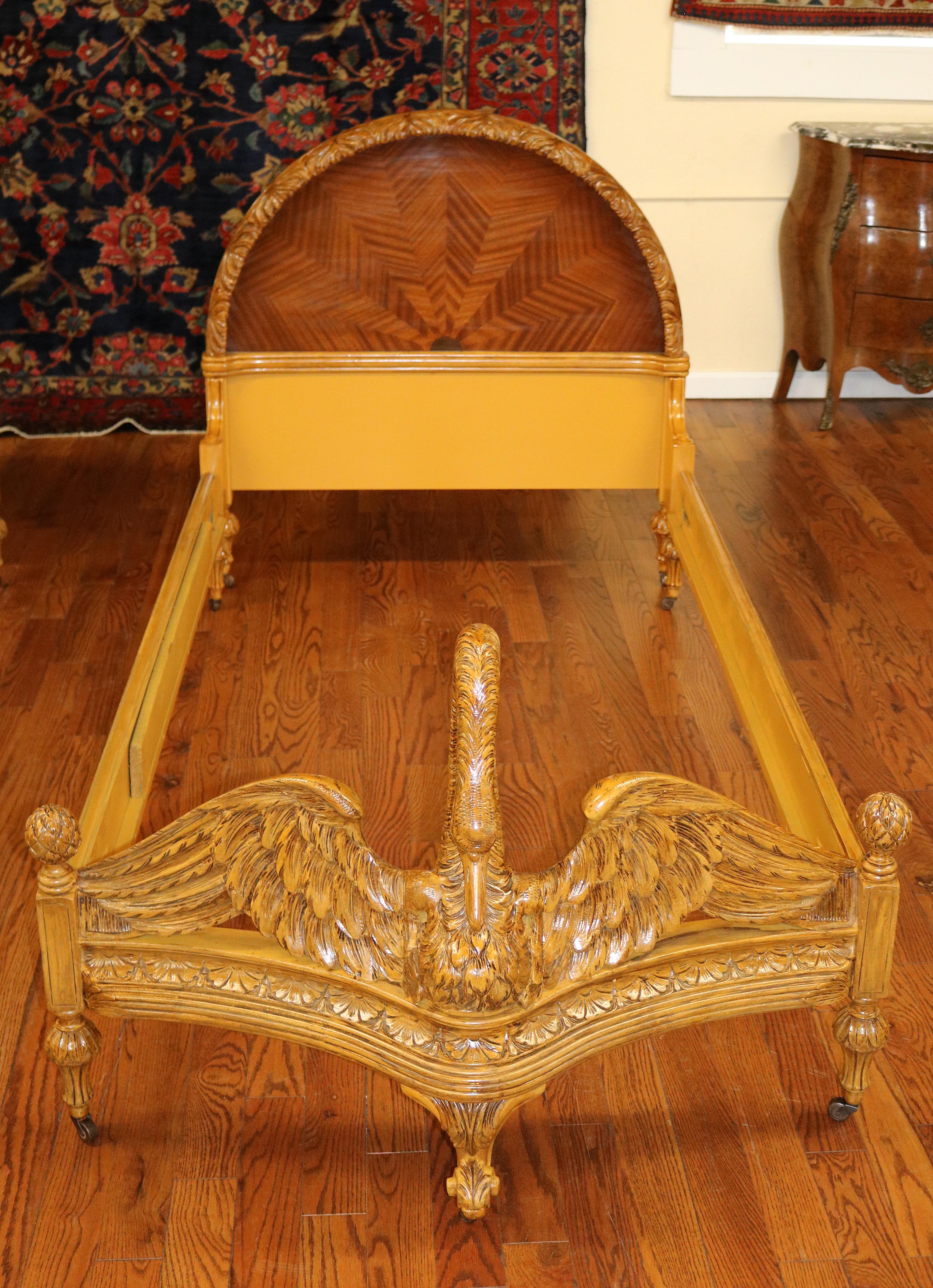 Pair of Swan Carved Paint Decorated & Inlaid Kingwood Twin Beds Circa 1920 In Good Condition For Sale In Long Branch, NJ