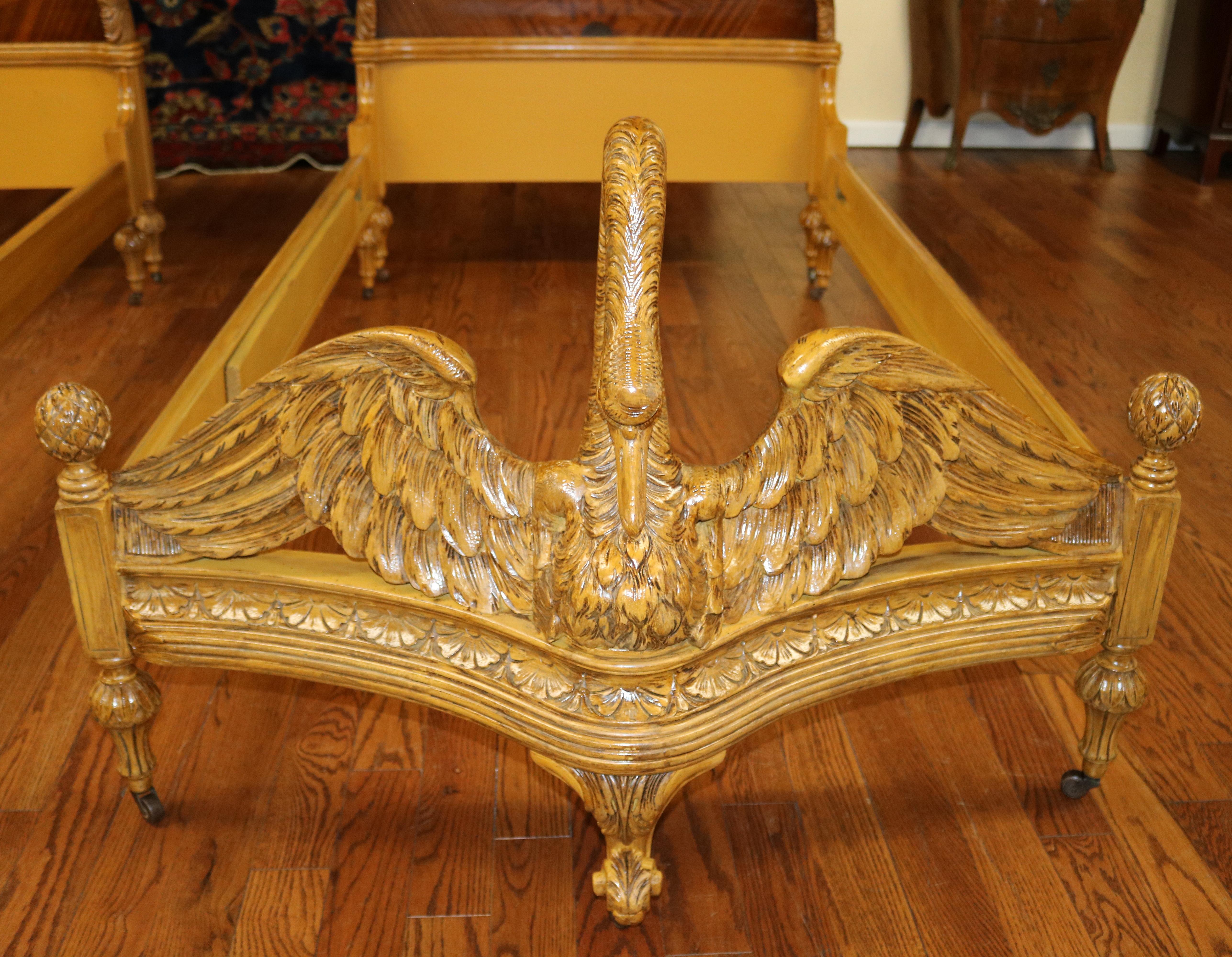 Pair of Swan Carved Paint Decorated & Inlaid Kingwood Twin Beds Circa 1920 For Sale 2