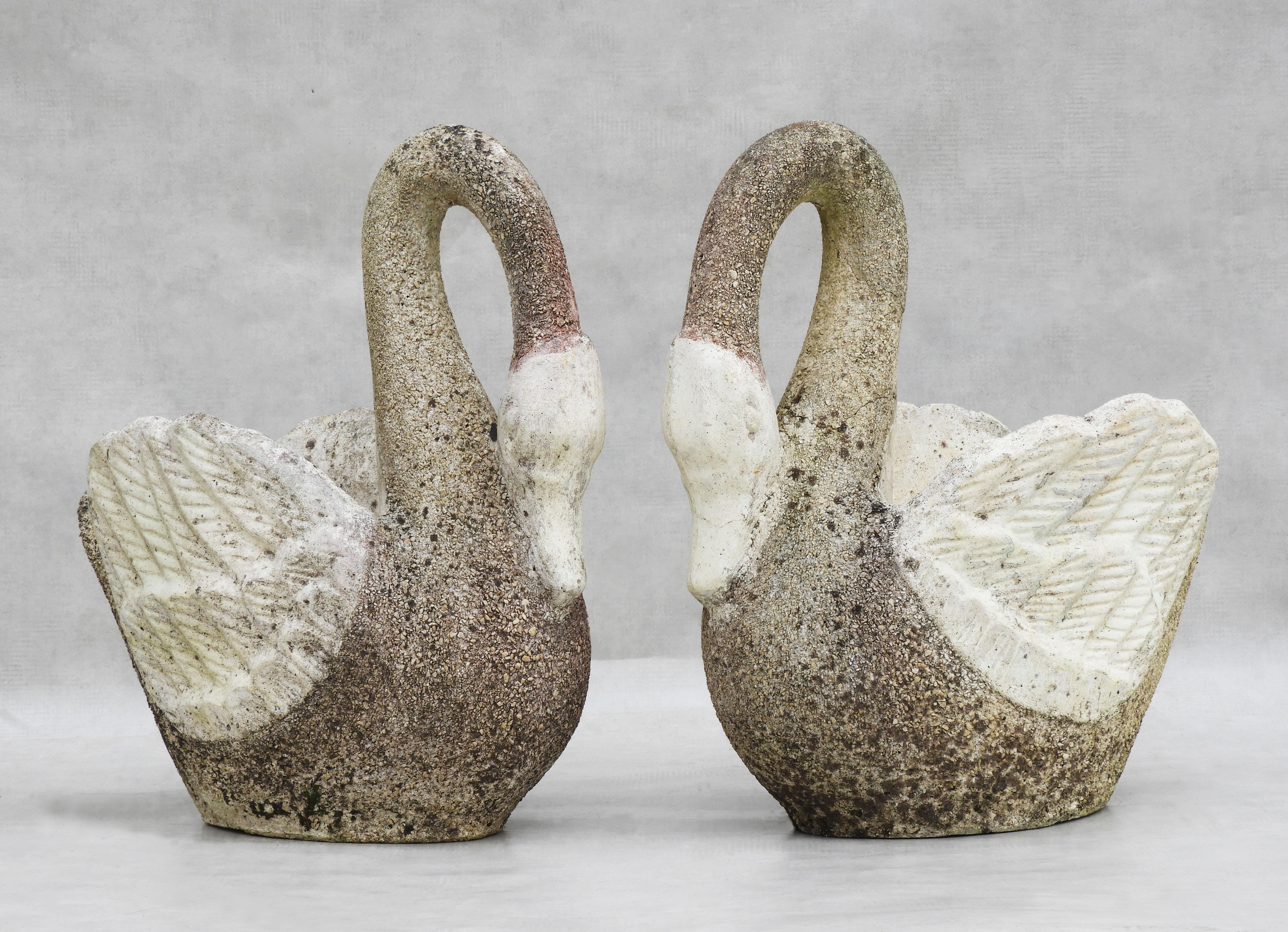 Fabulous pair of large midcentury swan planters or jardinières C1960s France. A lovely duo cast in concrete with contrasting texture and colouring, in great vintage condition with great weathered patina. 

Height 53cm/20.86 in Length 48cm/18.89 in
