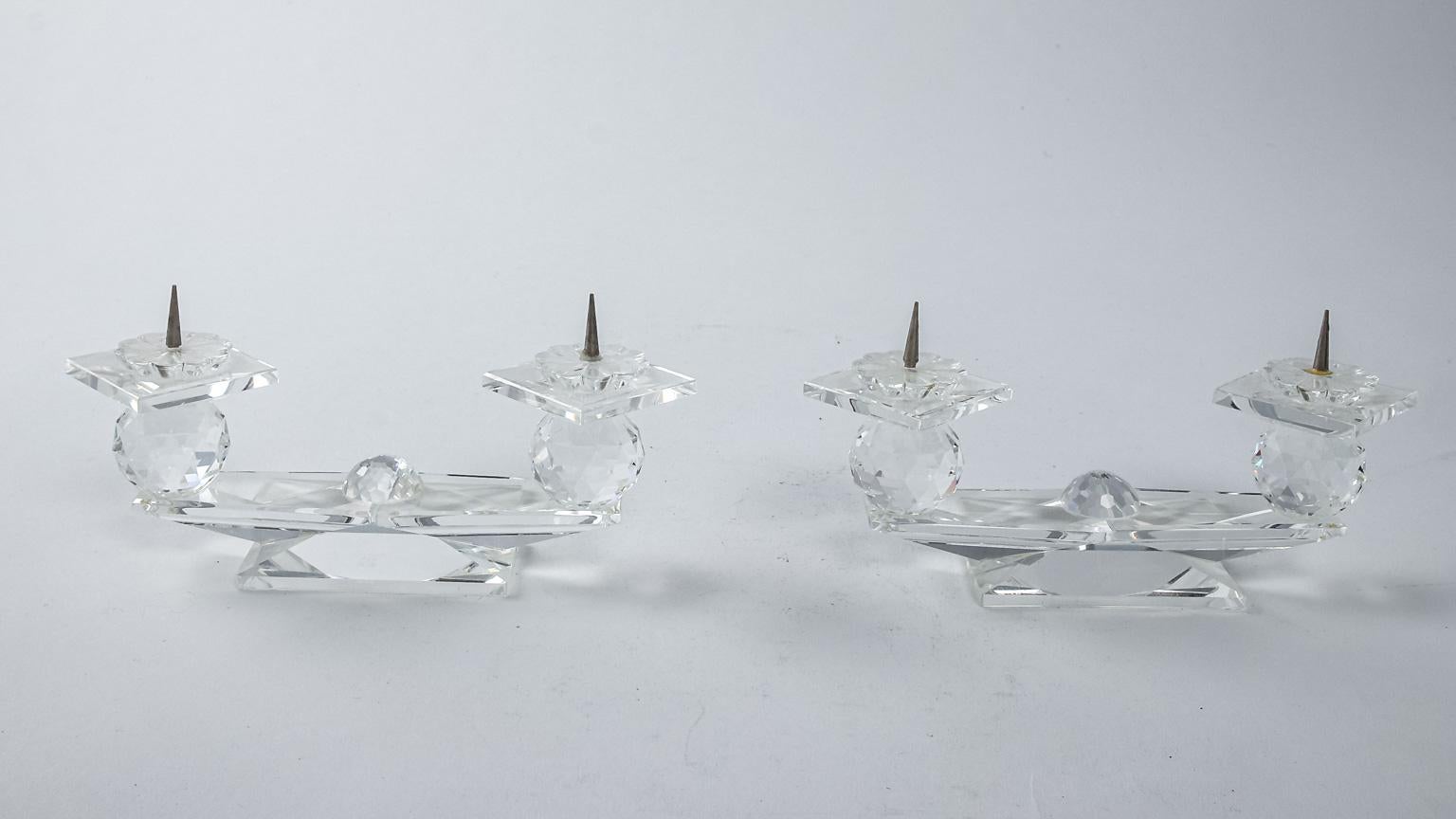 Pair of Swarovski Crystal Two-Tier Pin Candleholders In Good Condition For Sale In Stamford, CT