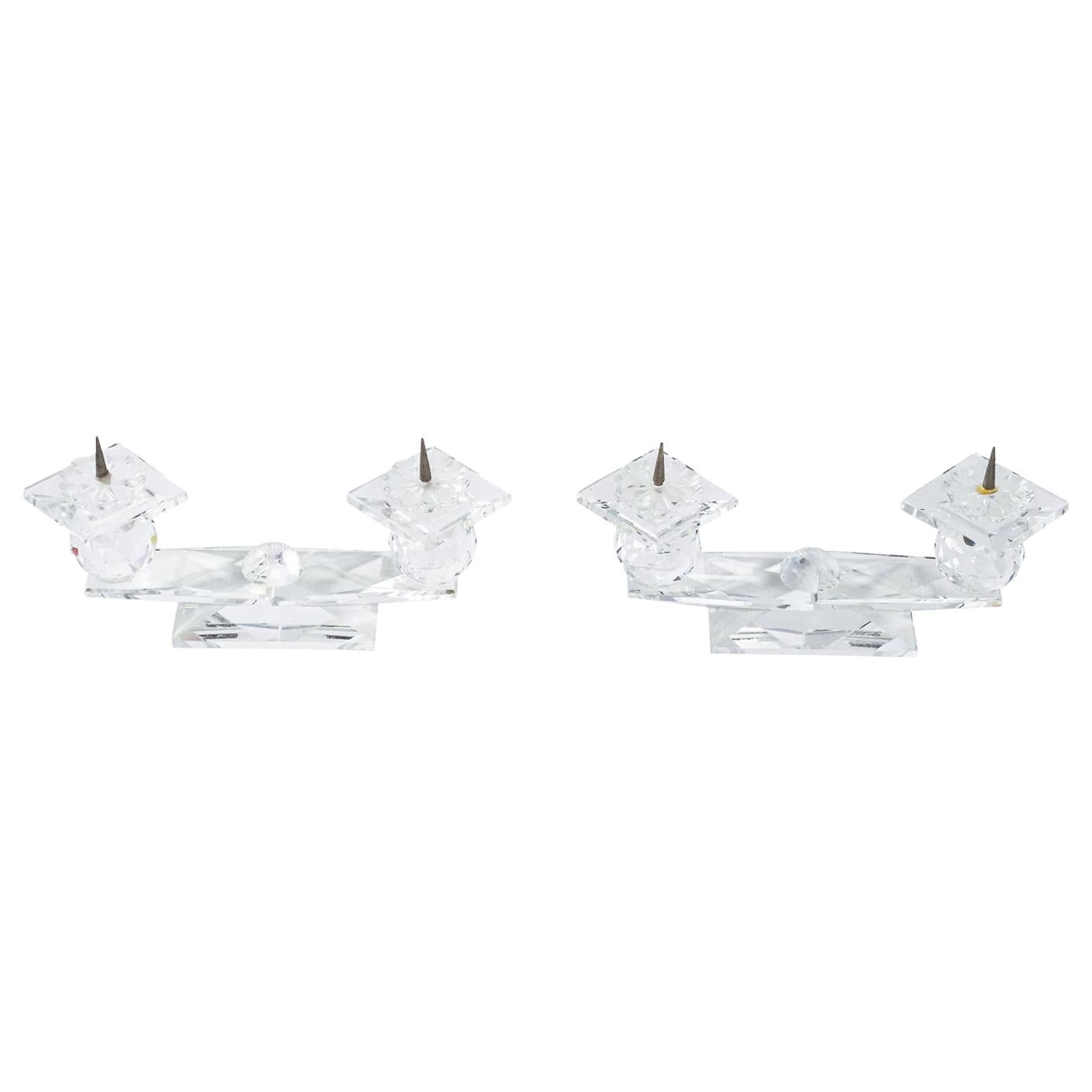 Pair of Swarovski Crystal Two-Tier Pin Candleholders For Sale