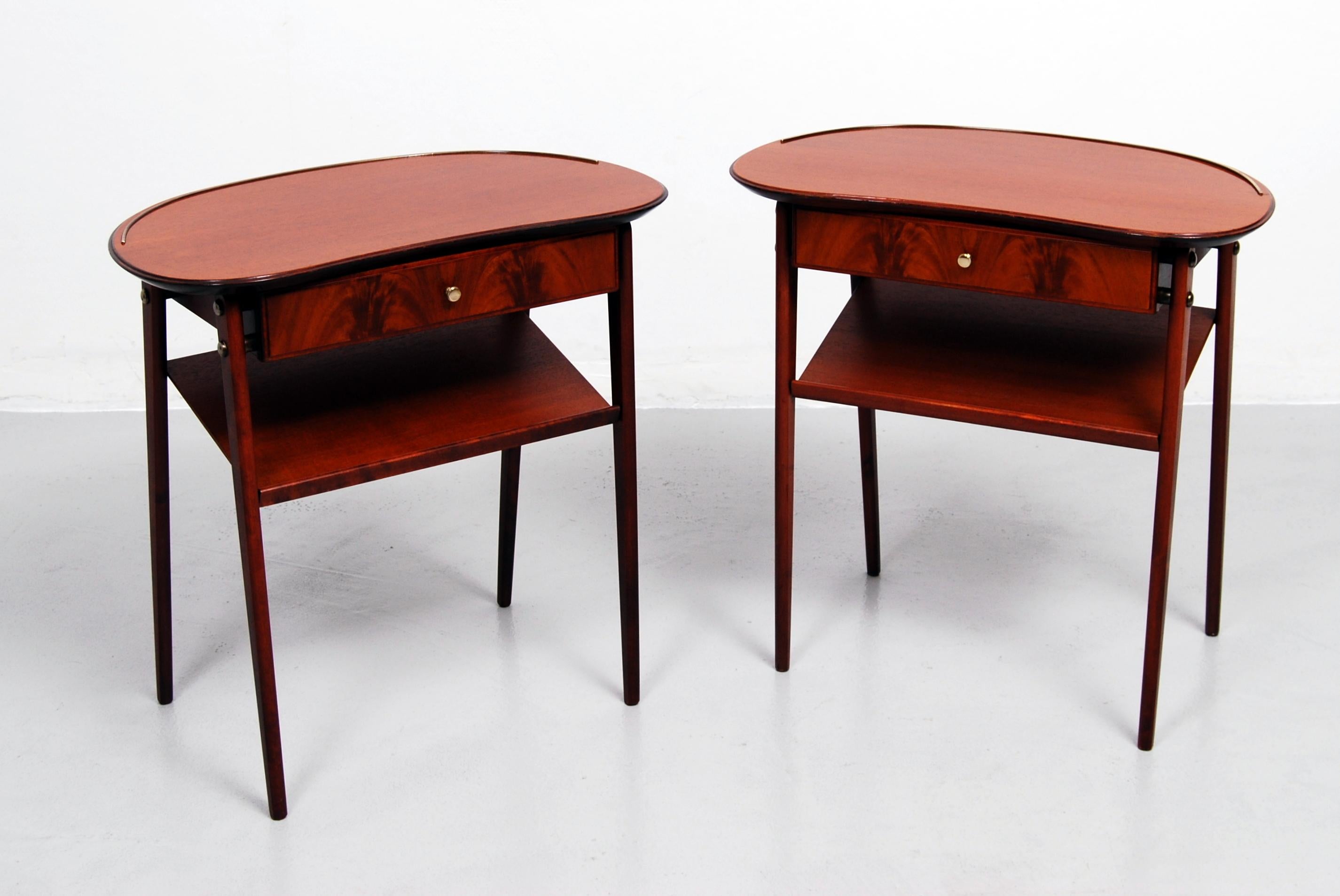 Elegant set of two mahogany and brass nightstands, made in Sweden, 1960s.
  