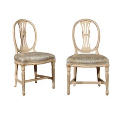 Pair of Swedish 1800s Gustavian Oval Back Chairs, Upholstered in Fortuny Fabric