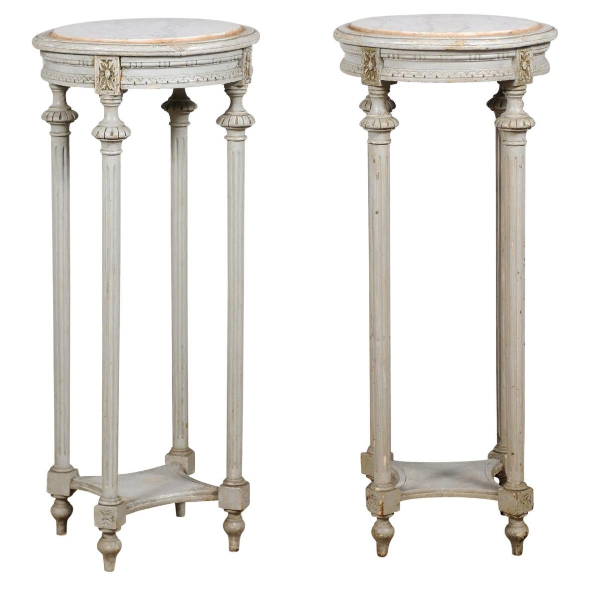 Pair of Swedish 1830s Neoclassical Painted Pedestal Stands with Carrara Marble For Sale