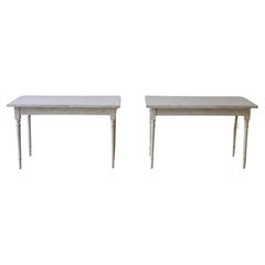 Antique Pair of Swedish 1840s Light Gray Painted Side Tables with Distressed Finish