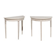 Pair of Swedish 1880s Neoclassical Style Painted Demilunes with Carved Motifs Pair of Swedish 1880s Neoclassical Style Painted Demilunes with Carved Motifs