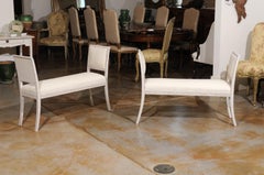 Pair of Swedish 1880s Painted Wood Benches with Saber Legs and Upholstery
