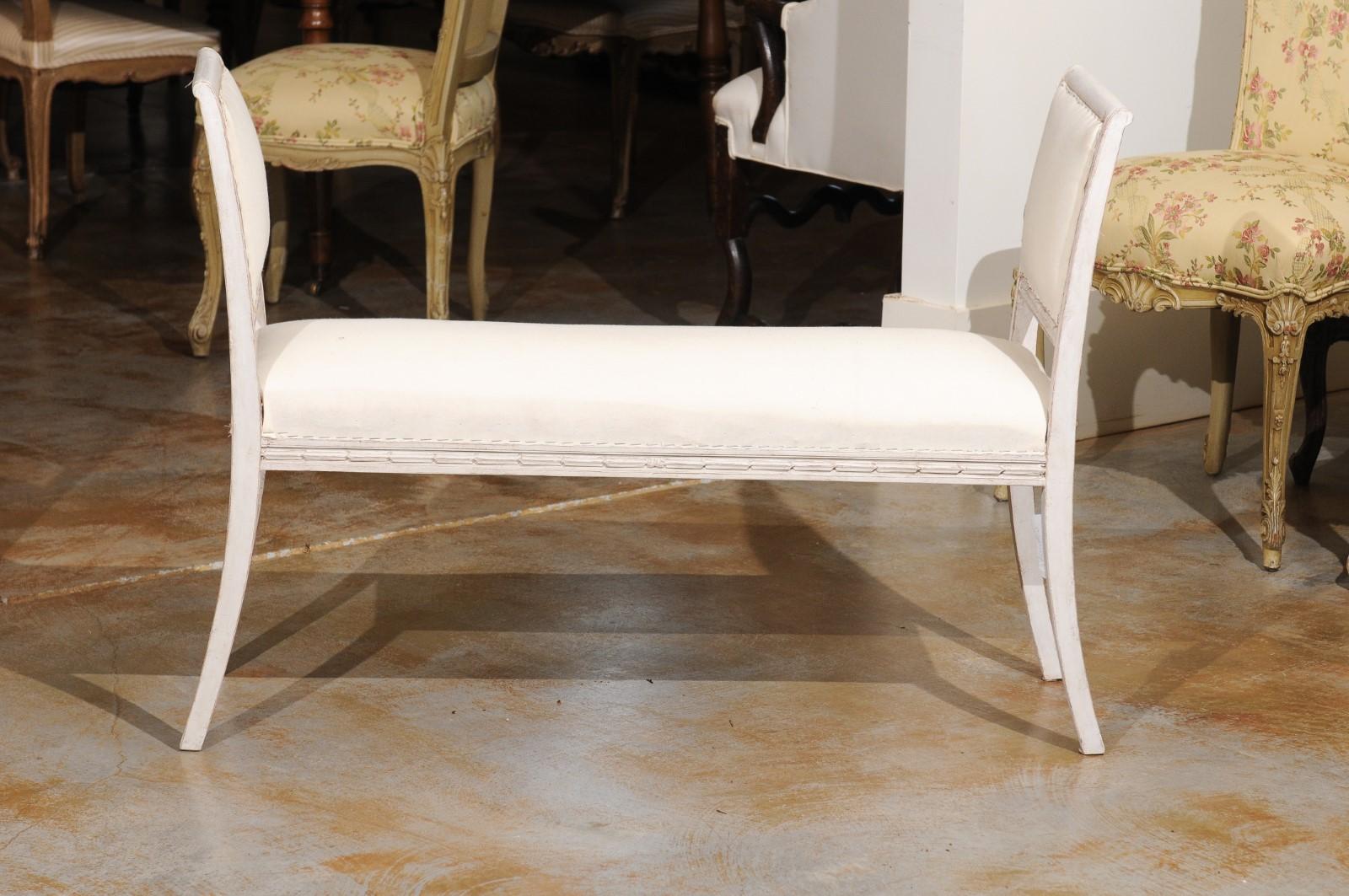 19th Century Pair of Swedish 1880s Painted Wood Benches with Saber Legs and Upholstery