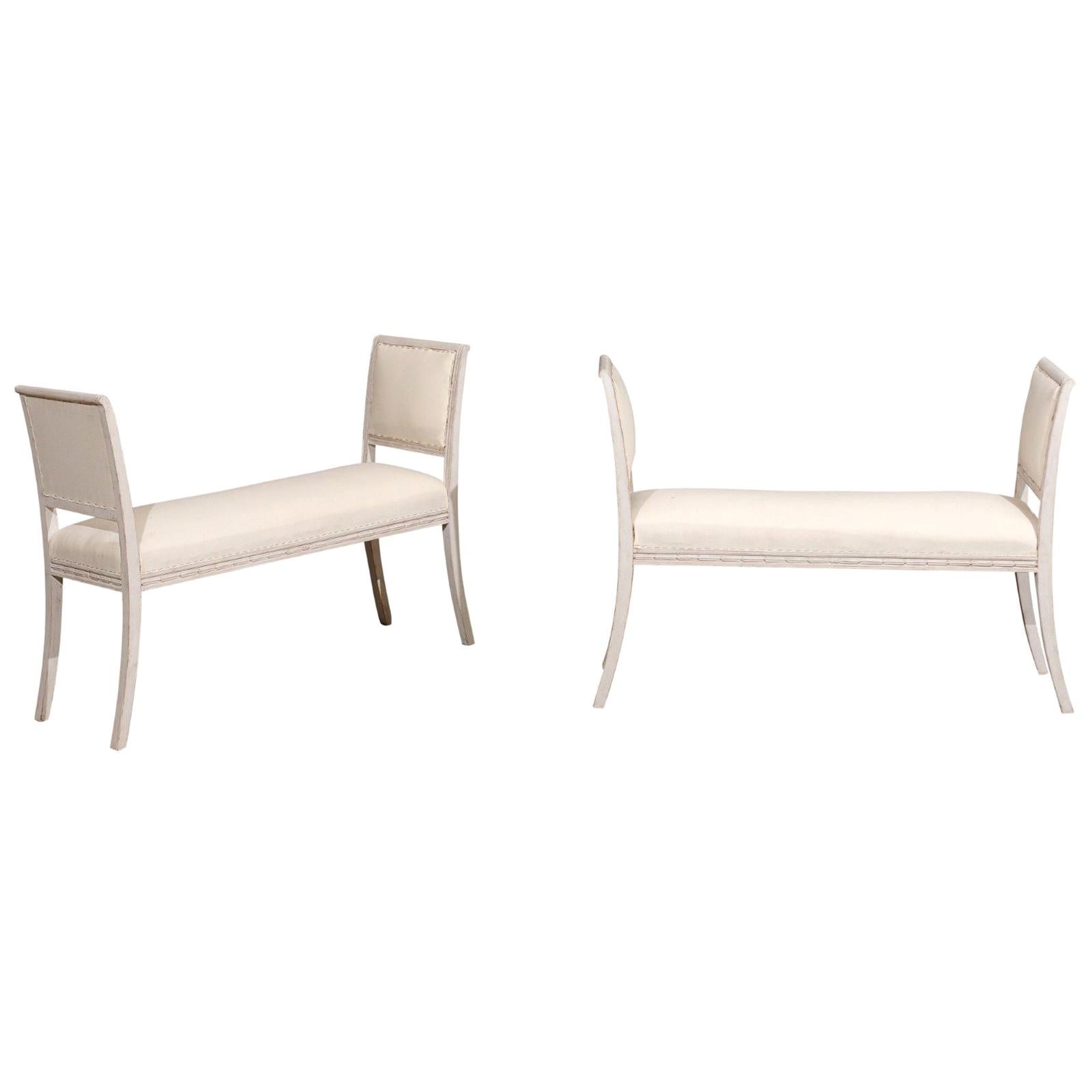 Pair of Swedish 1880s Painted Wood Benches with Saber Legs and Upholstery