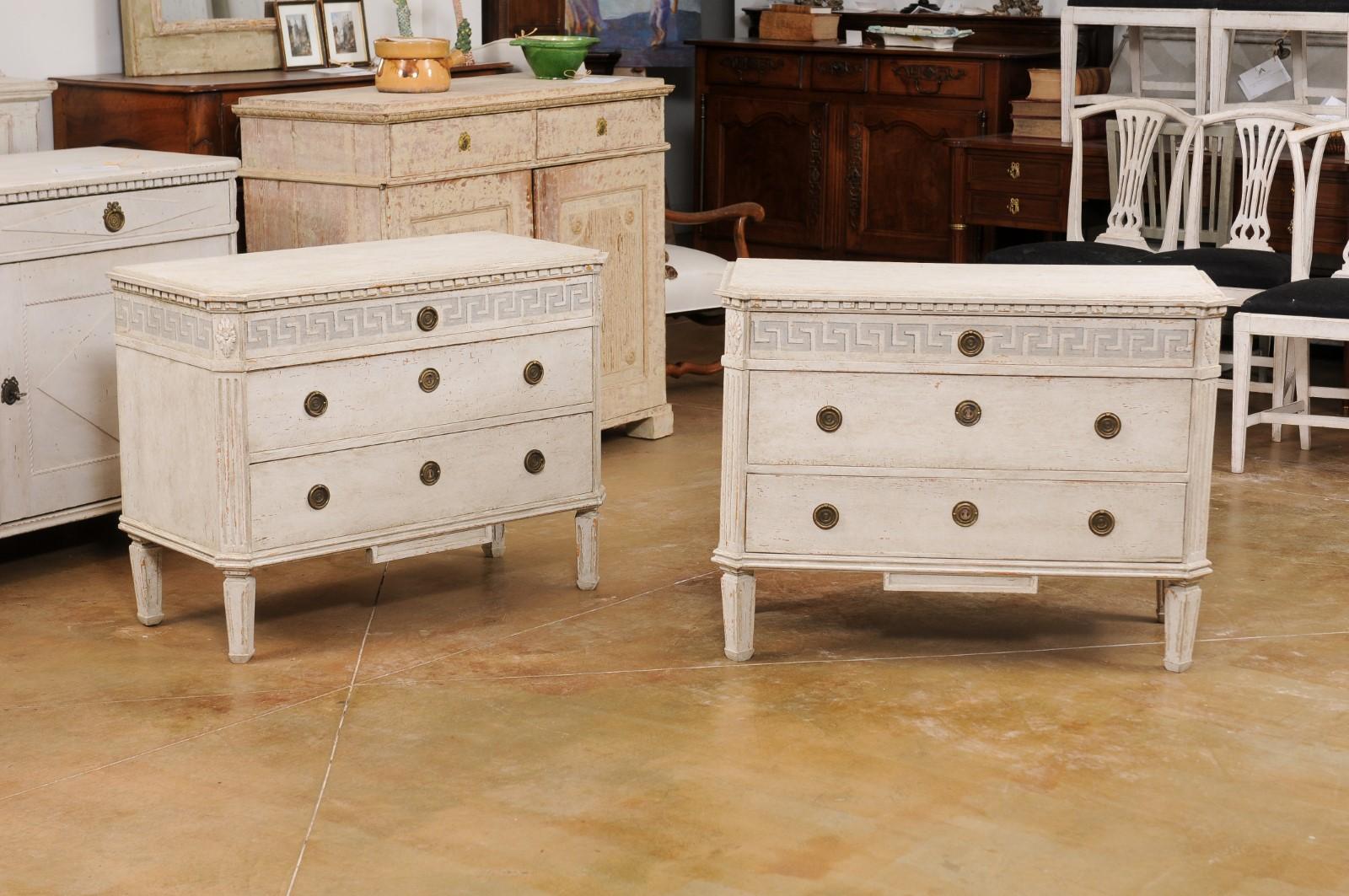 Carved Pair of Swedish 1890s Gustavian style Painted Chests with Greek Key Friezes