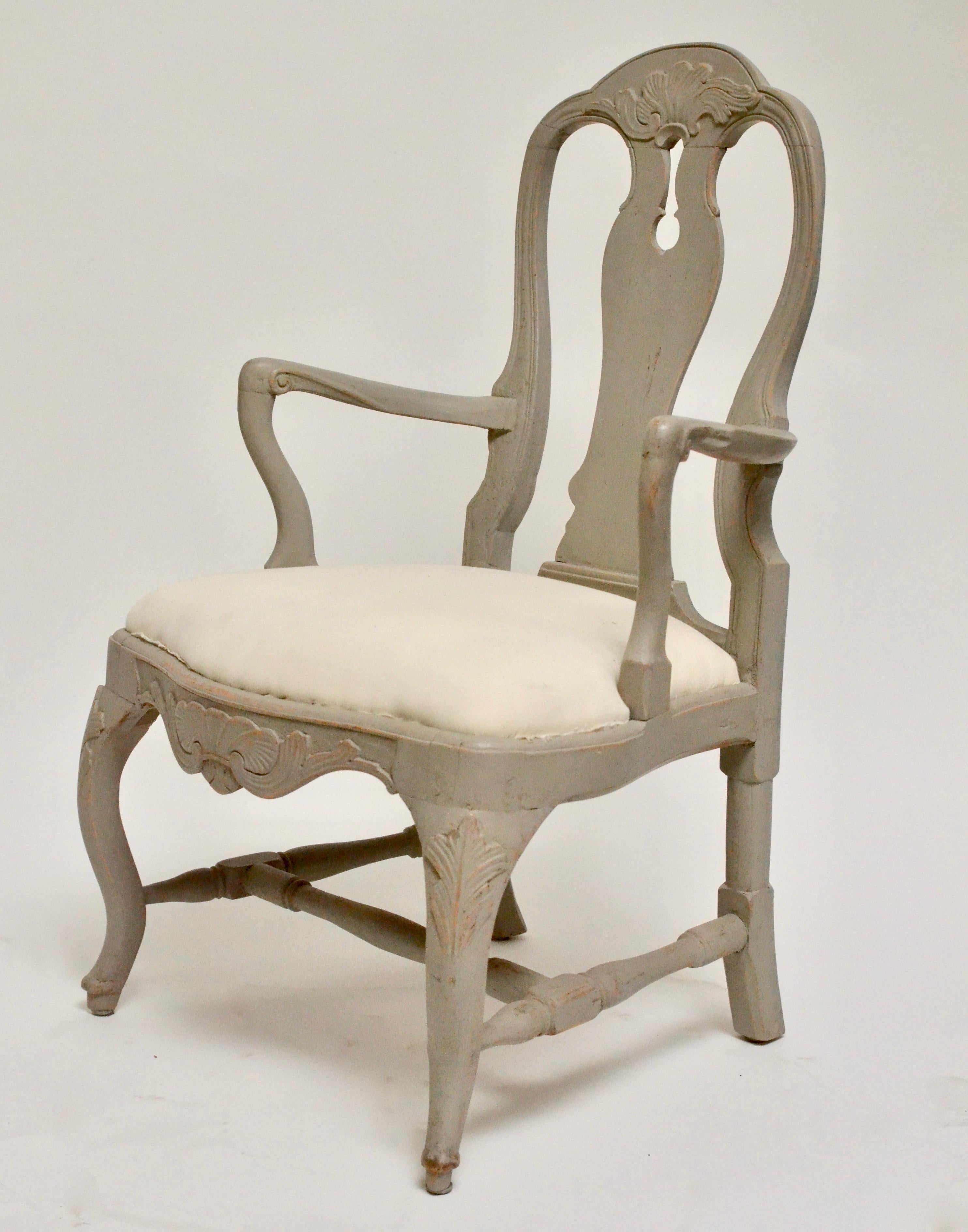 A nice pair of Swedish 18th century Rococo armchairs. Painted grey. Newly upholstered with plain weave, needs fabric.