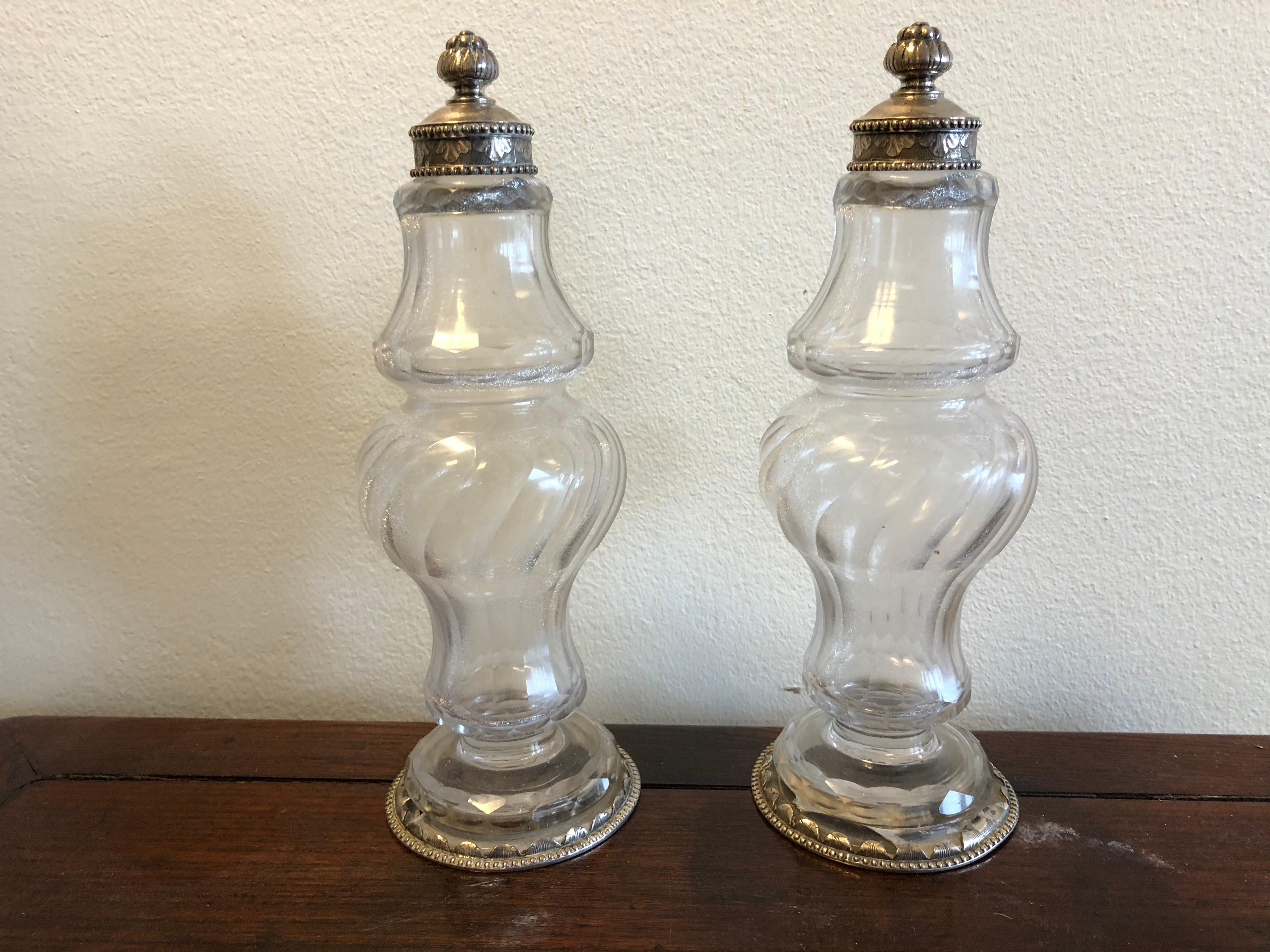 Gustavian Pair of Swedish, 18th Century Silver-Mounted Cut-Glass Vinegar and Oil Bottles