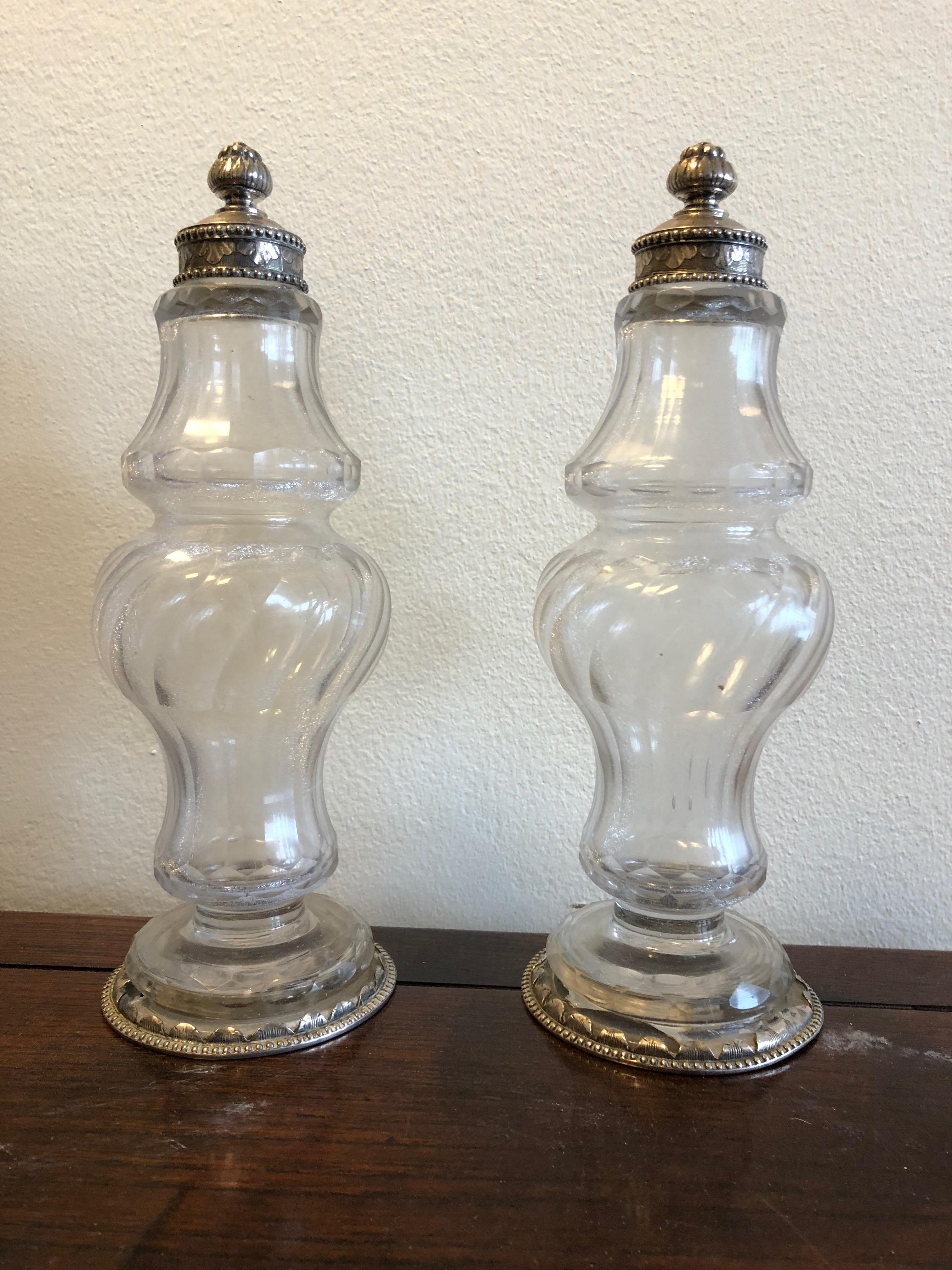 Late 18th Century Pair of Swedish, 18th Century Silver-Mounted Cut-Glass Vinegar and Oil Bottles