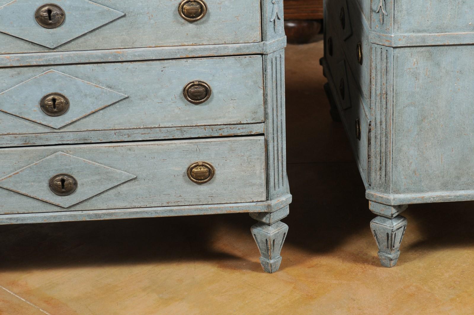 Pair of Swedish 1900s Gustavian Style Blue Grey Painted Three-Drawer Chests 4