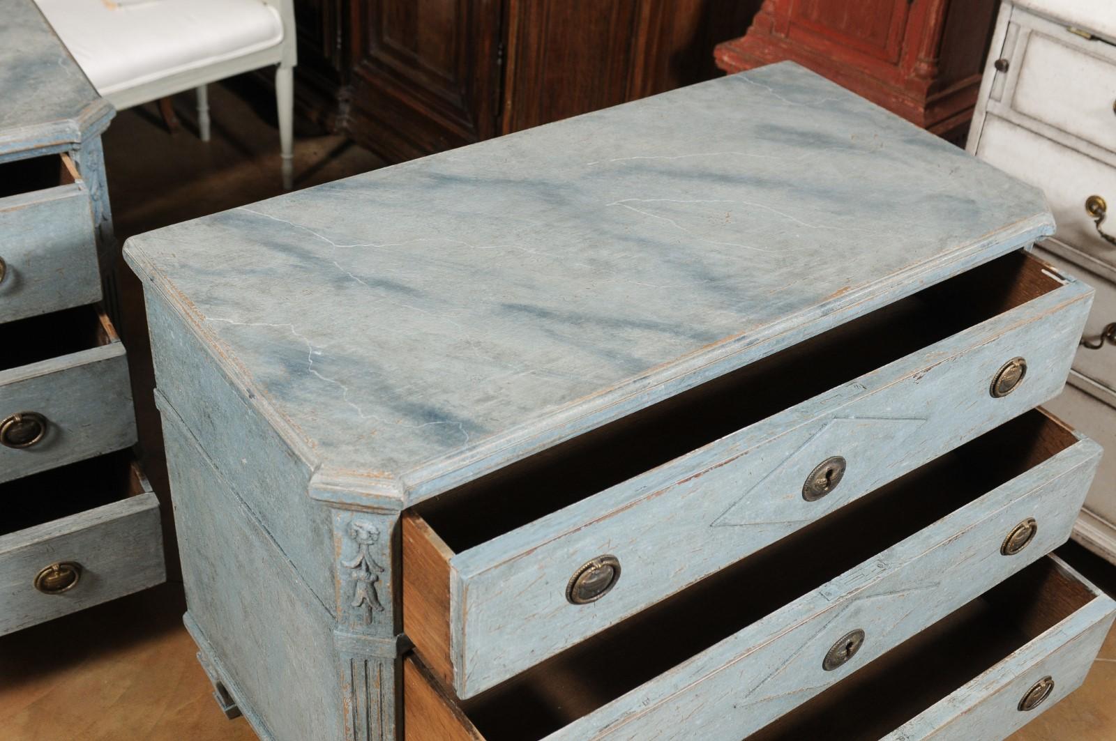 Carved Pair of Swedish 1900s Gustavian Style Blue Grey Painted Three-Drawer Chests