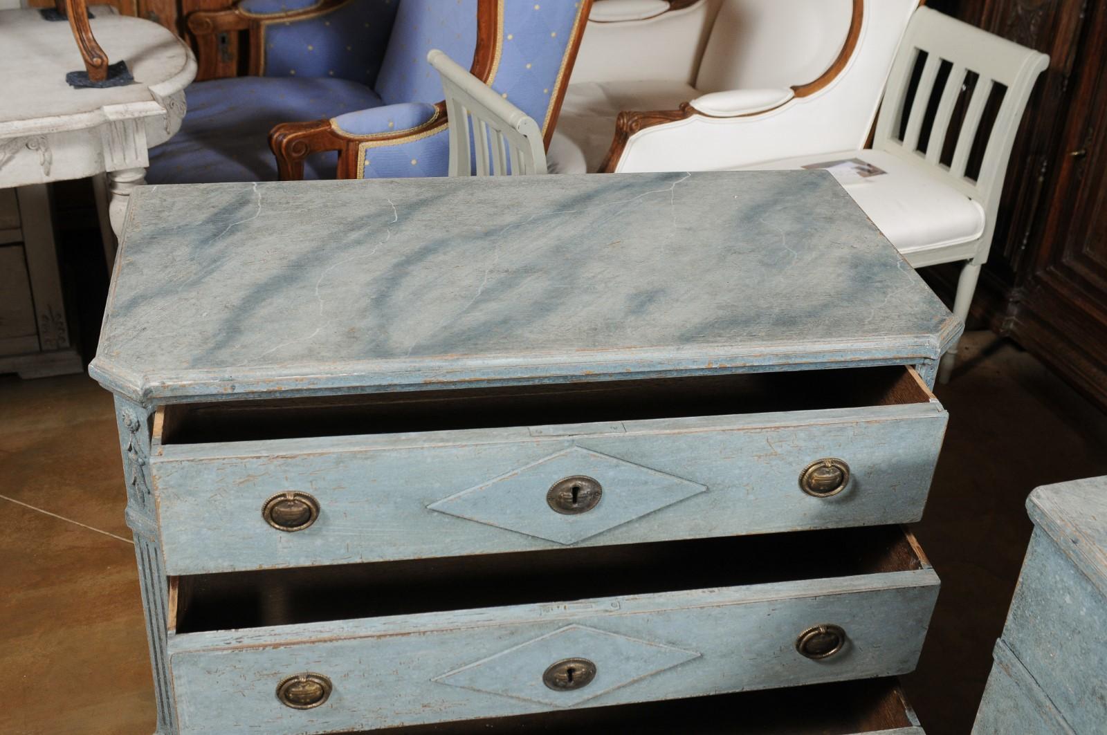 Pair of Swedish 1900s Gustavian Style Blue Grey Painted Three-Drawer Chests In Good Condition In Atlanta, GA