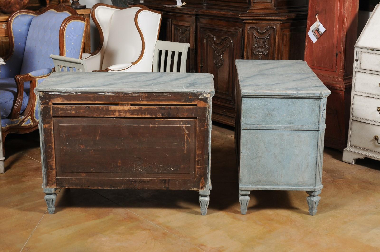 Wood Pair of Swedish 1900s Gustavian Style Blue Grey Painted Three-Drawer Chests