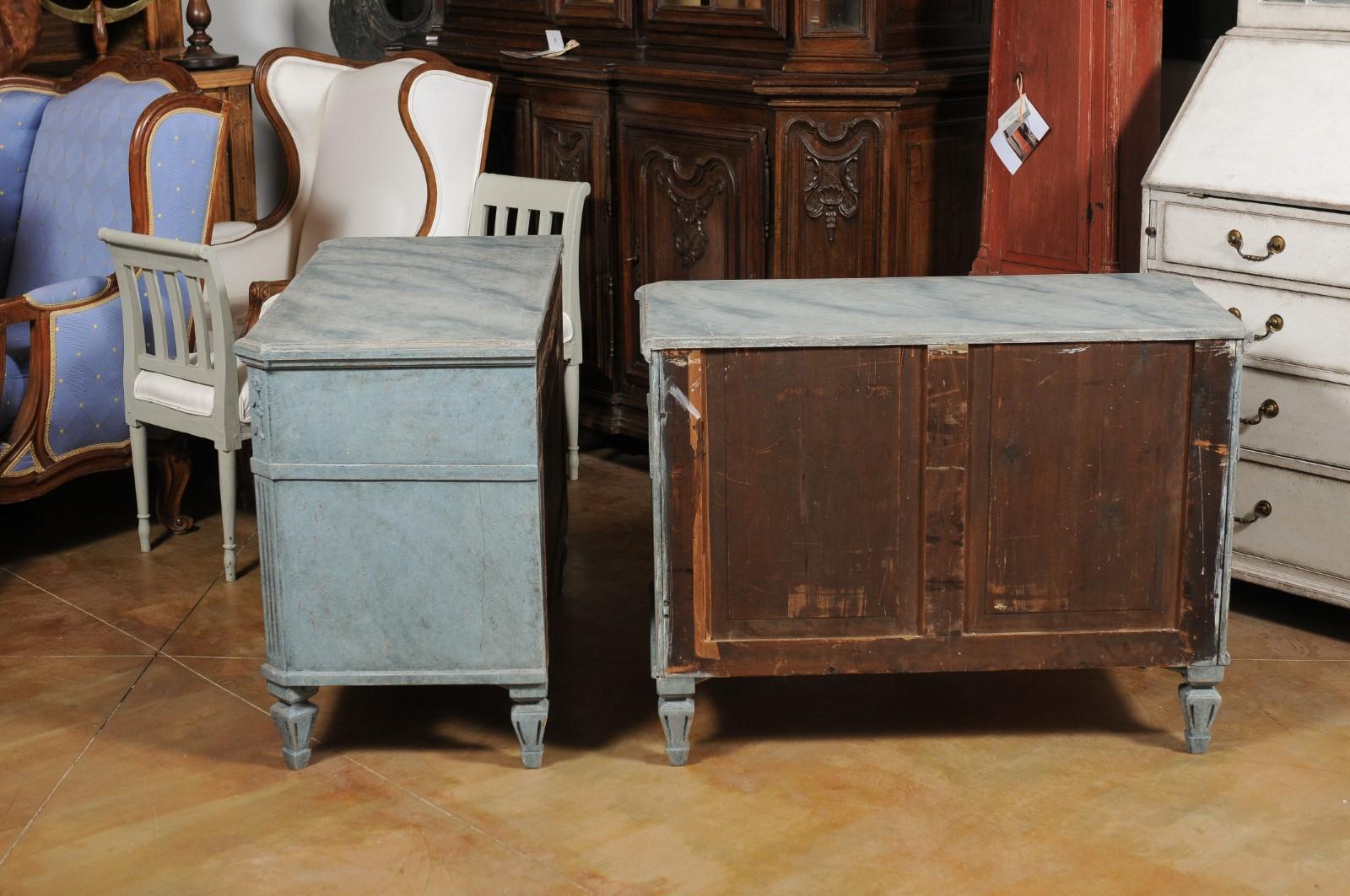 Pair of Swedish 1900s Gustavian Style Blue Grey Painted Three-Drawer Chests 1