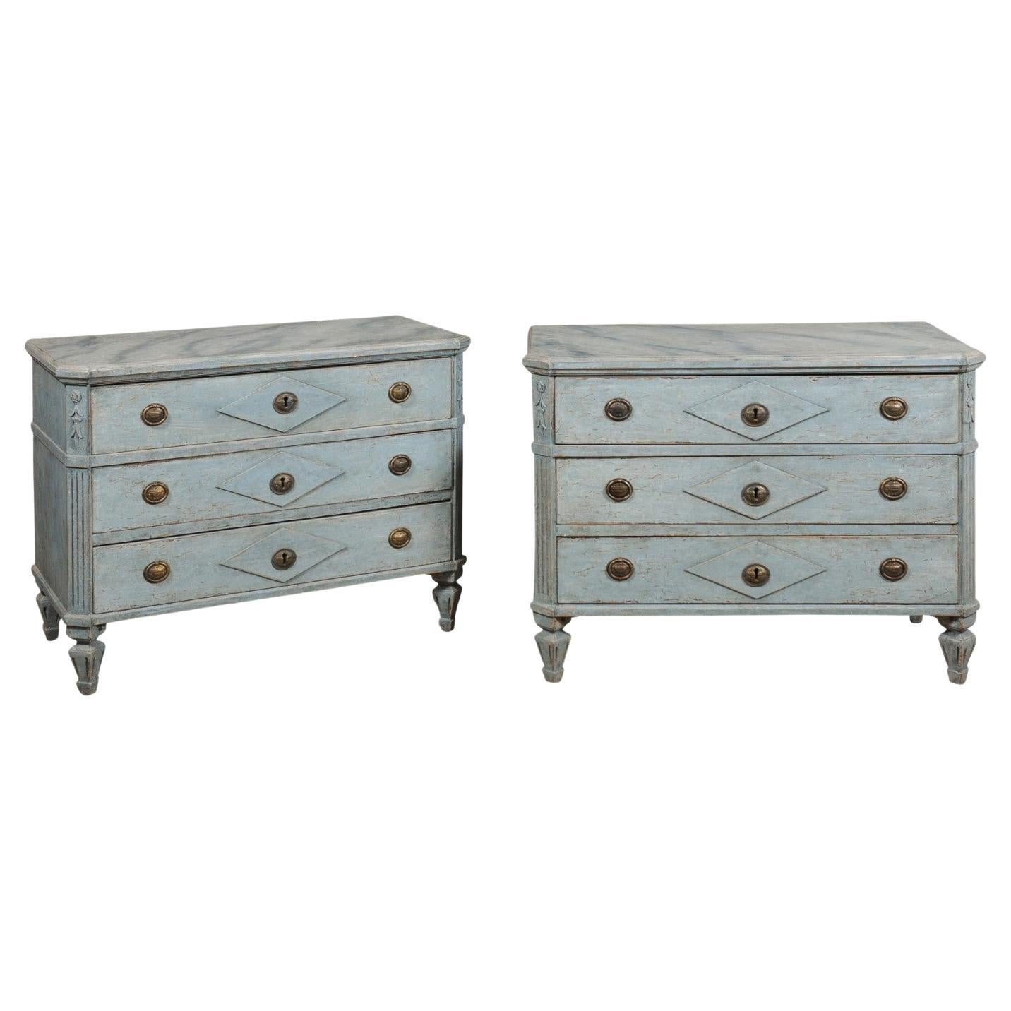 Pair of Swedish 1900s Gustavian Style Blue Grey Painted Three-Drawer Chests