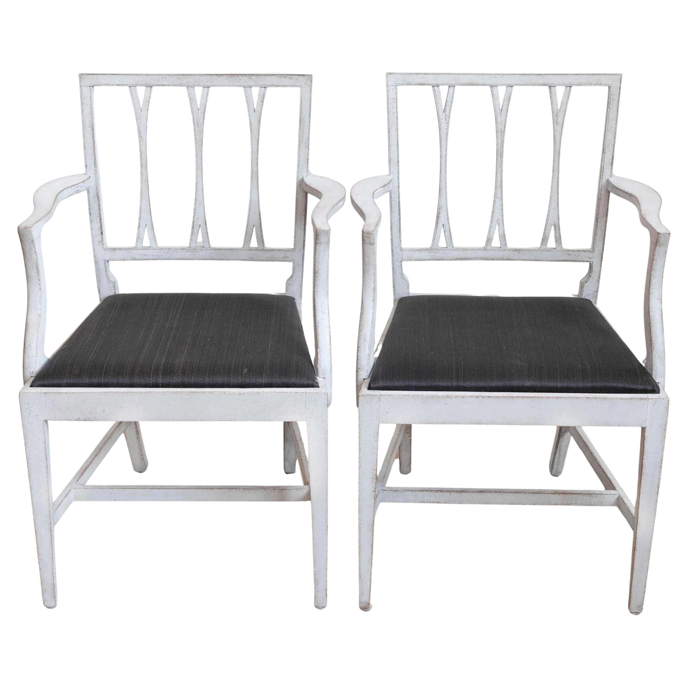 Pair of Swedish 1910s Painted Wood Armchairs with Carved Splats and Stretchers
